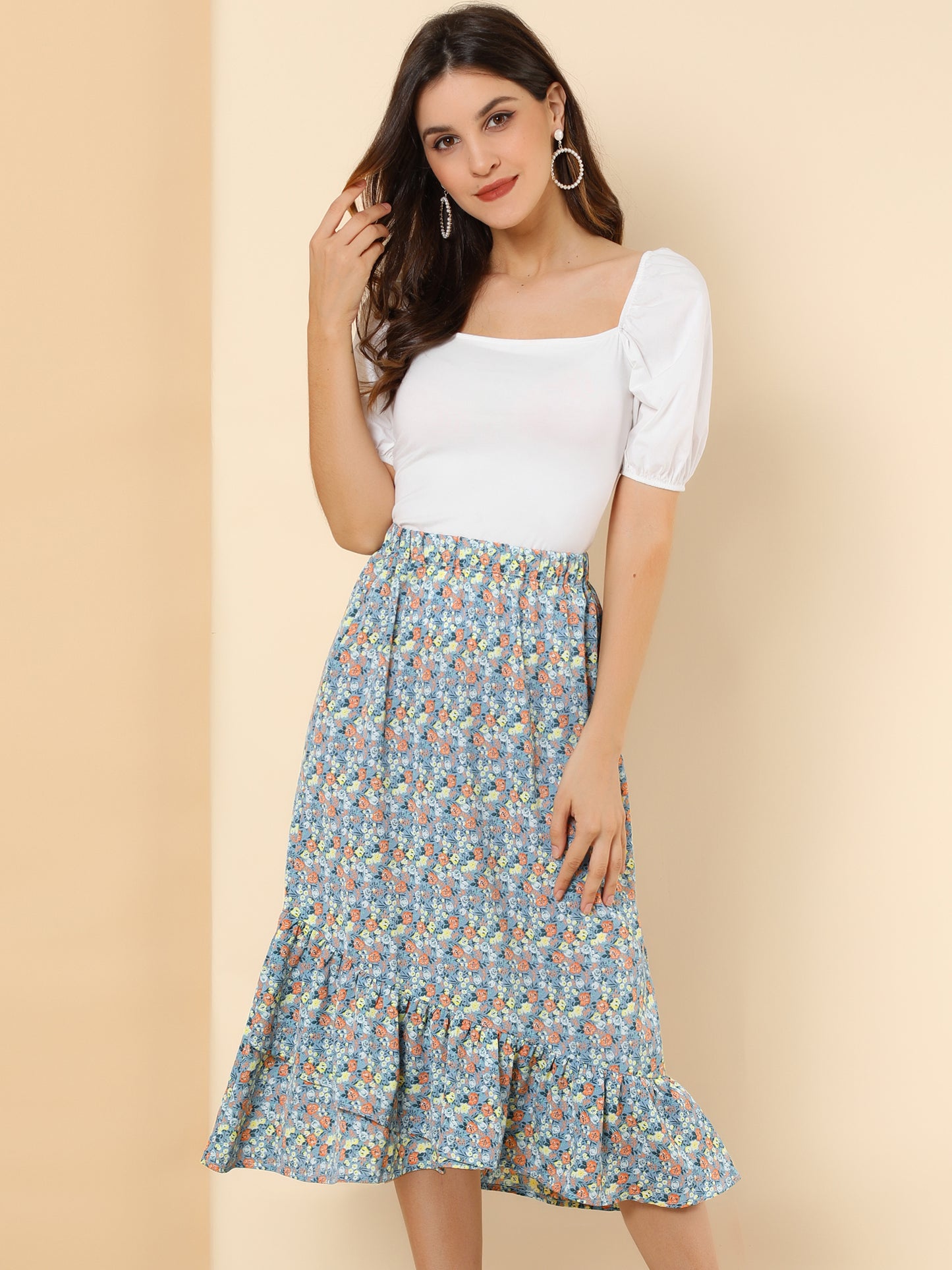 Falda floral de verano para mujer, cintura elástica, dobladillo alto y bajo con volantes, falda midi