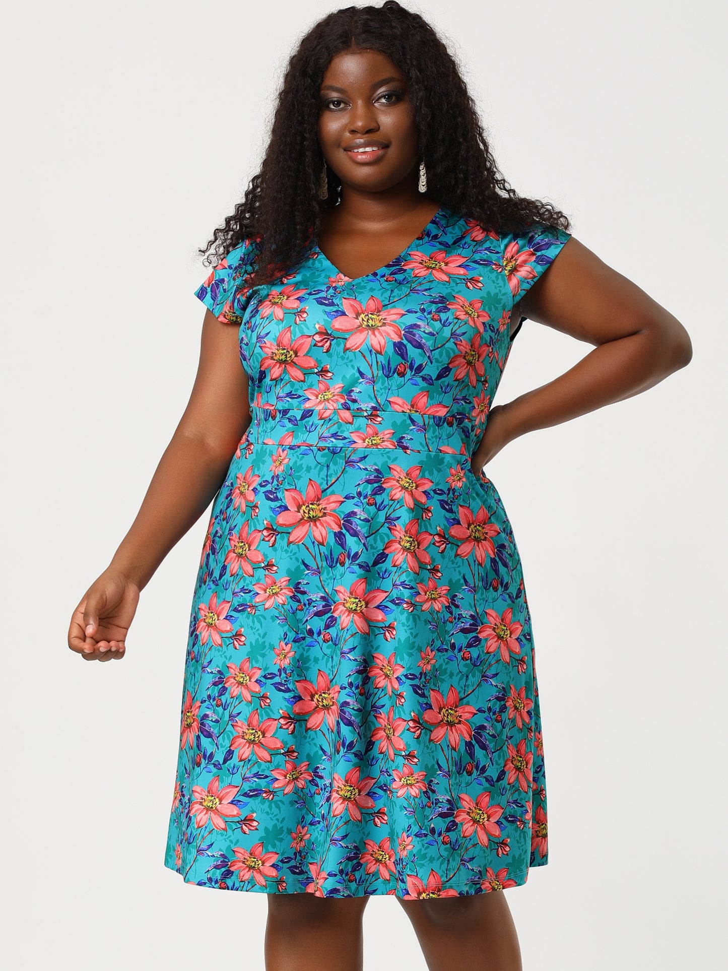 Women's Plus Size Dresses Deep V Neck Above Knee Cap Sleeve Floral Dress