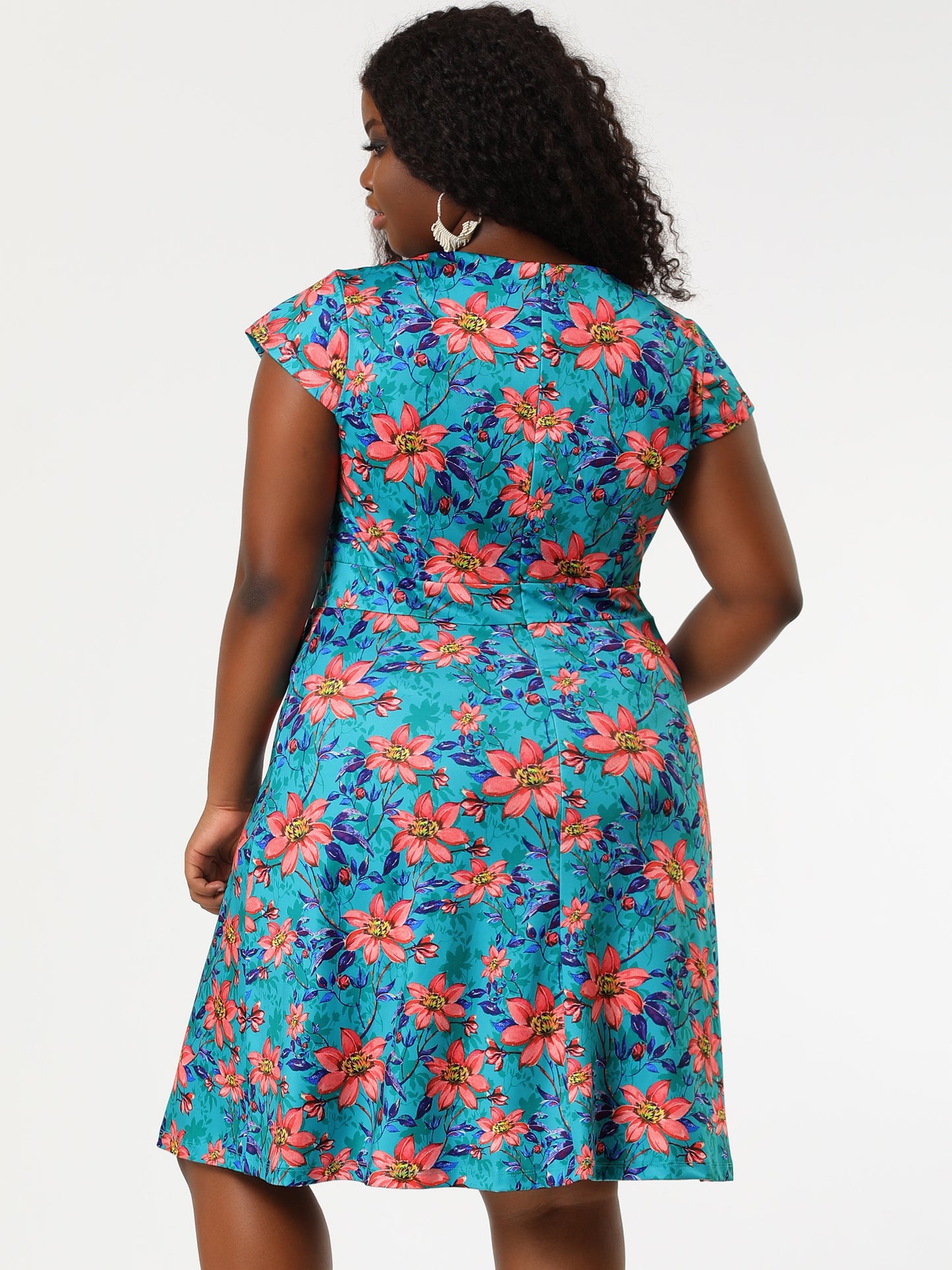 Women's Plus Size Dresses Deep V Neck Above Knee Cap Sleeve Floral Dress