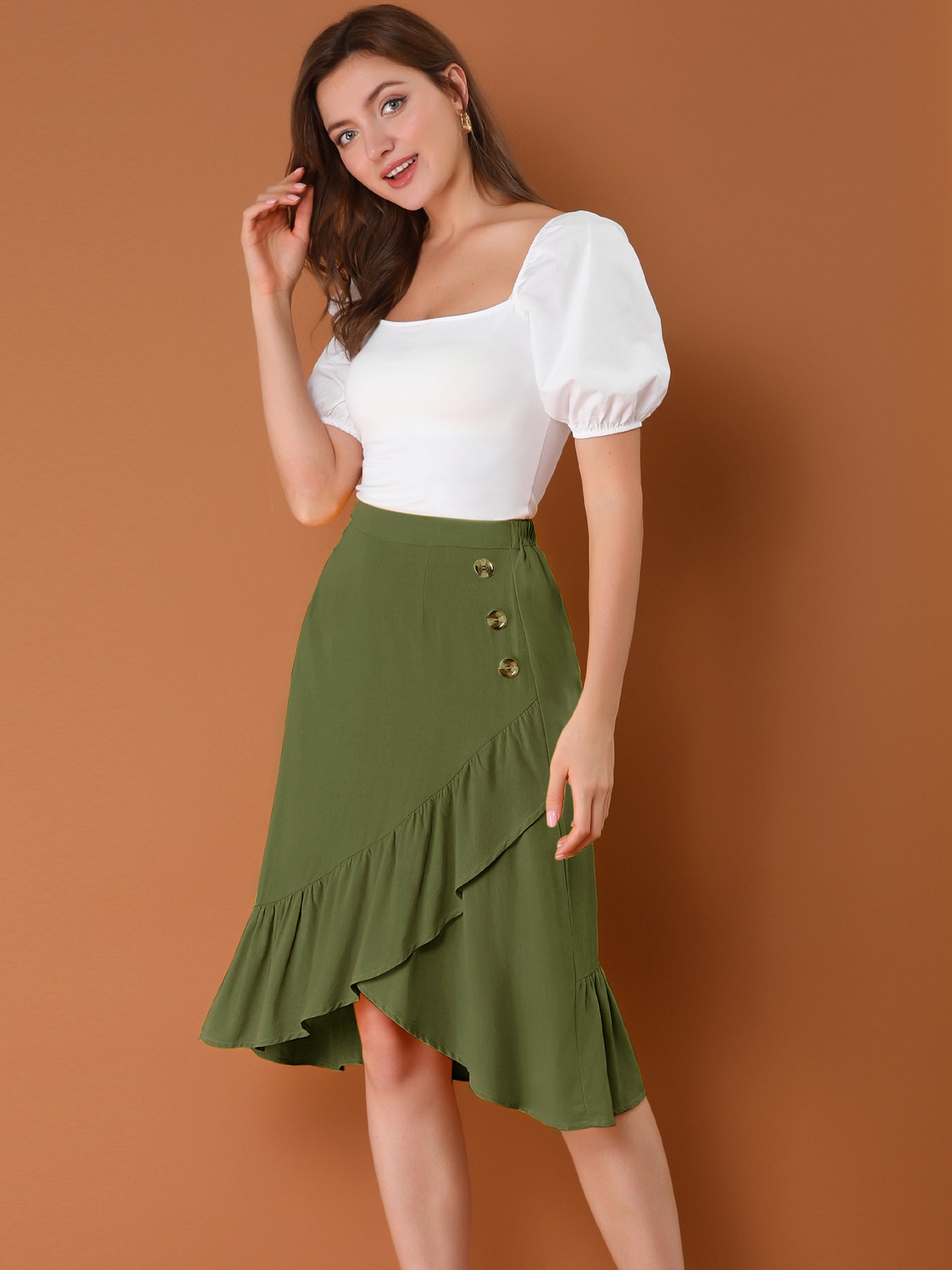 Women's High Waisted Button Decor Asymmetrical Ruffle Hem Skirt