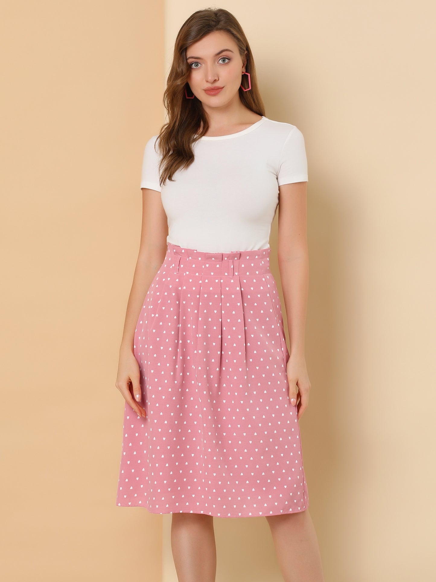 Falda midi estampada de cintura alta elástica con cinturón retro para mujer