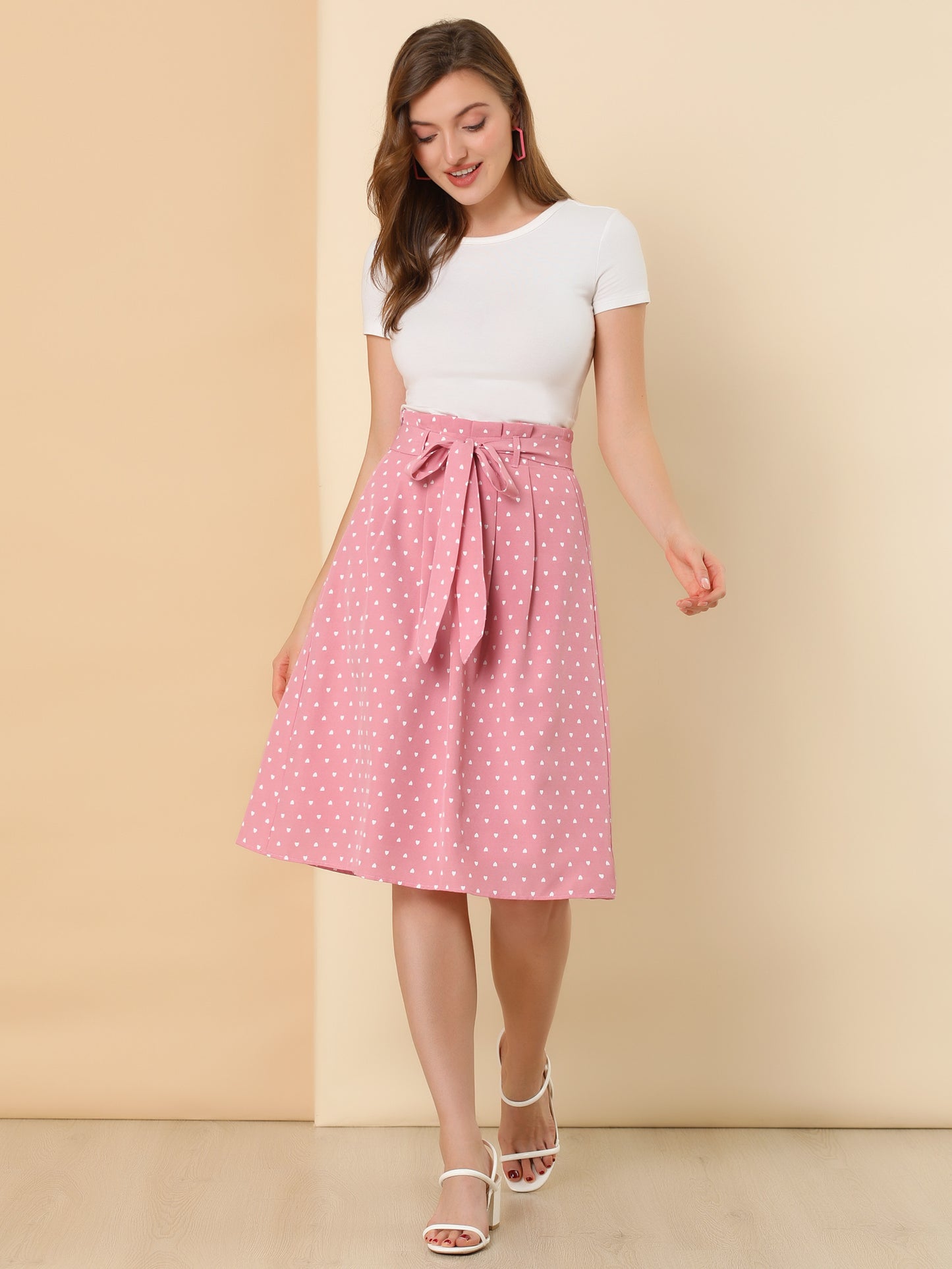 Falda midi estampada de cintura alta elástica con cinturón retro para mujer
