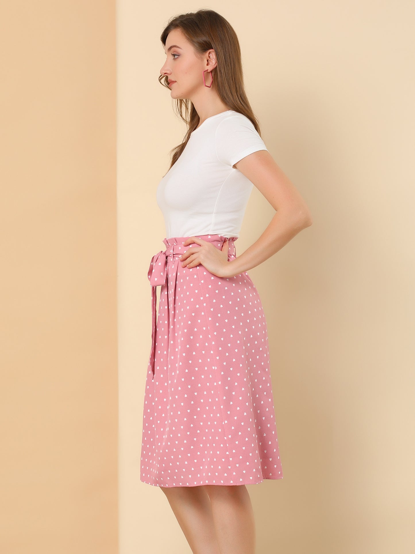 Falda midi estampada de cintura alta elástica con cinturón retro para mujer