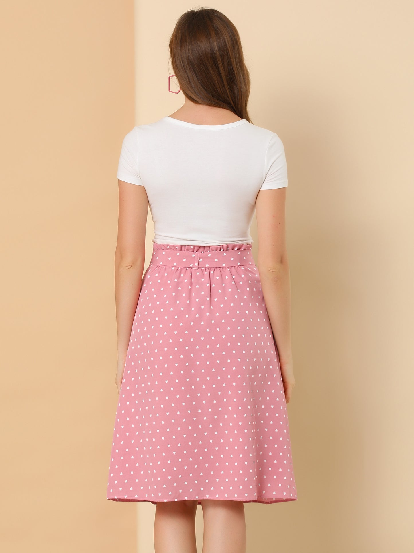 Falda midi estampada de cintura alta elástica con cinturón retro para mujer