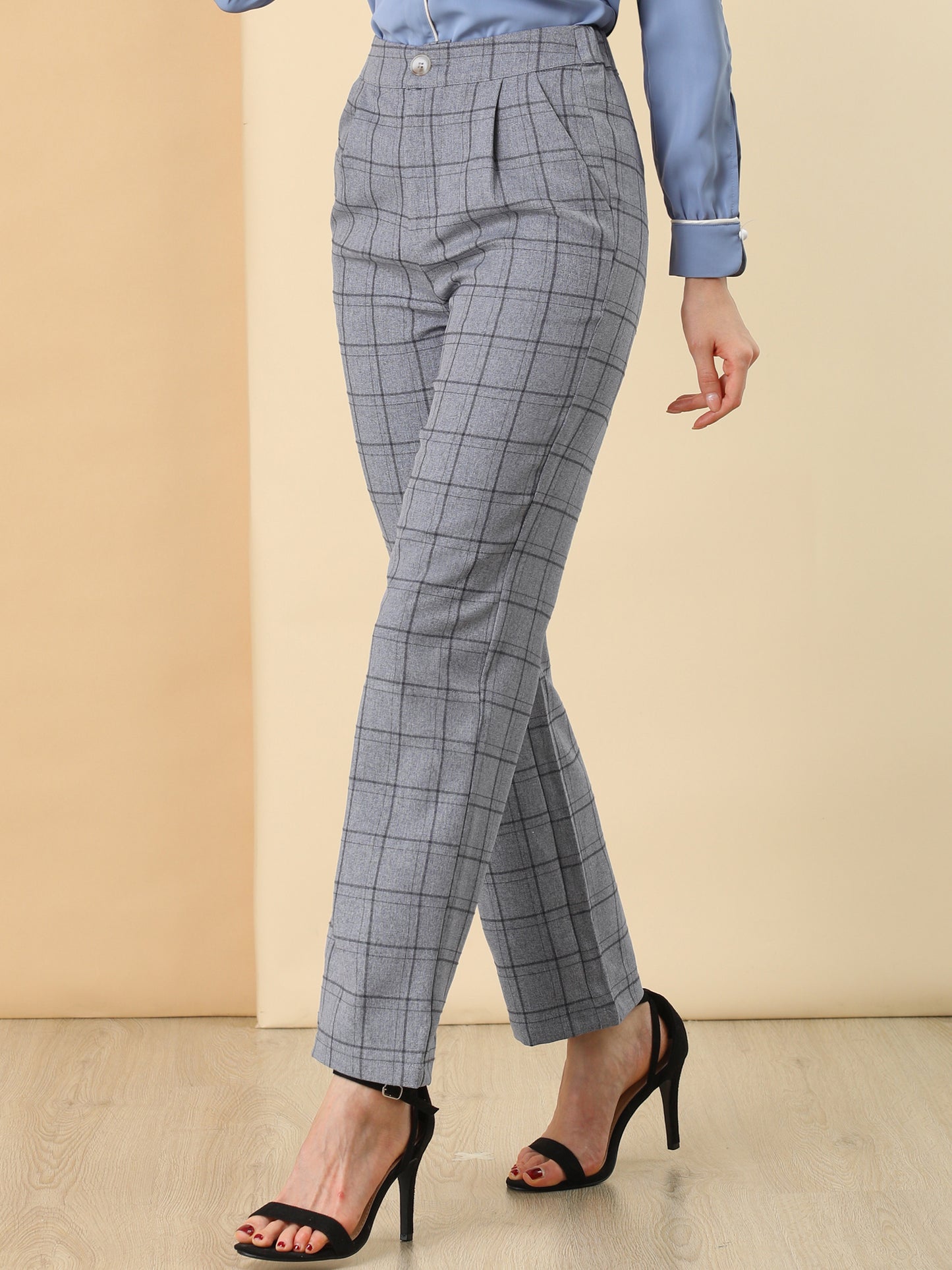Pantalones a cuadros para mujer, cintura elástica, informales, para trabajo y oficina, largos