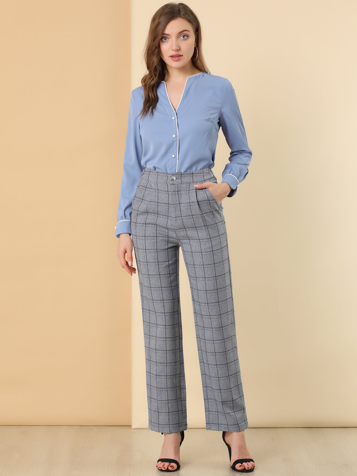 Pantalones a cuadros para mujer, cintura elástica, informales, para trabajo y oficina, largos