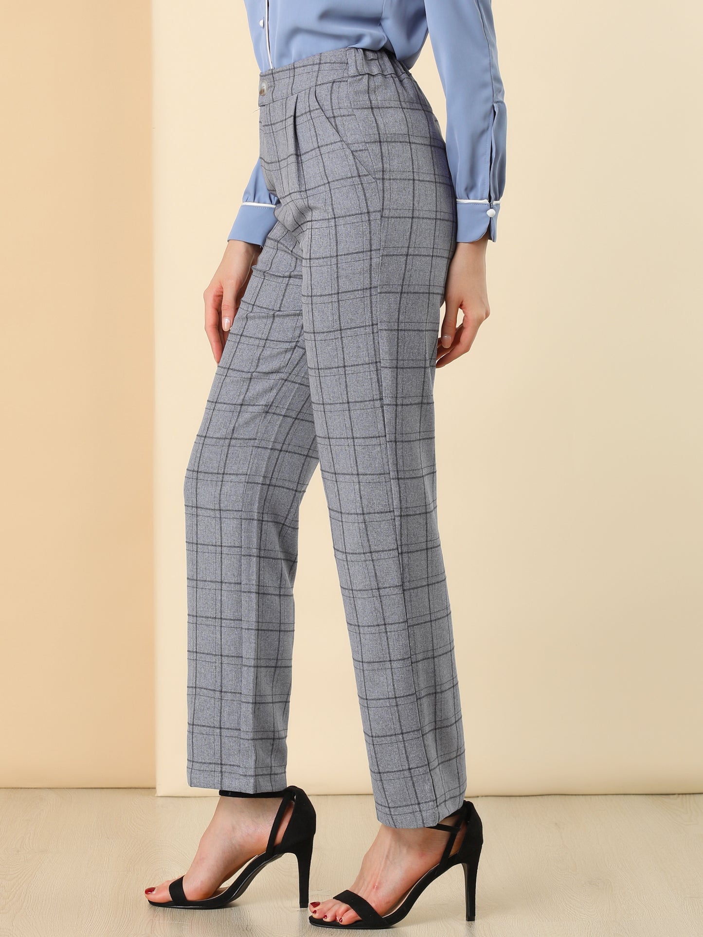 Pantalones a cuadros para mujer, cintura elástica, informales, para trabajo y oficina, largos