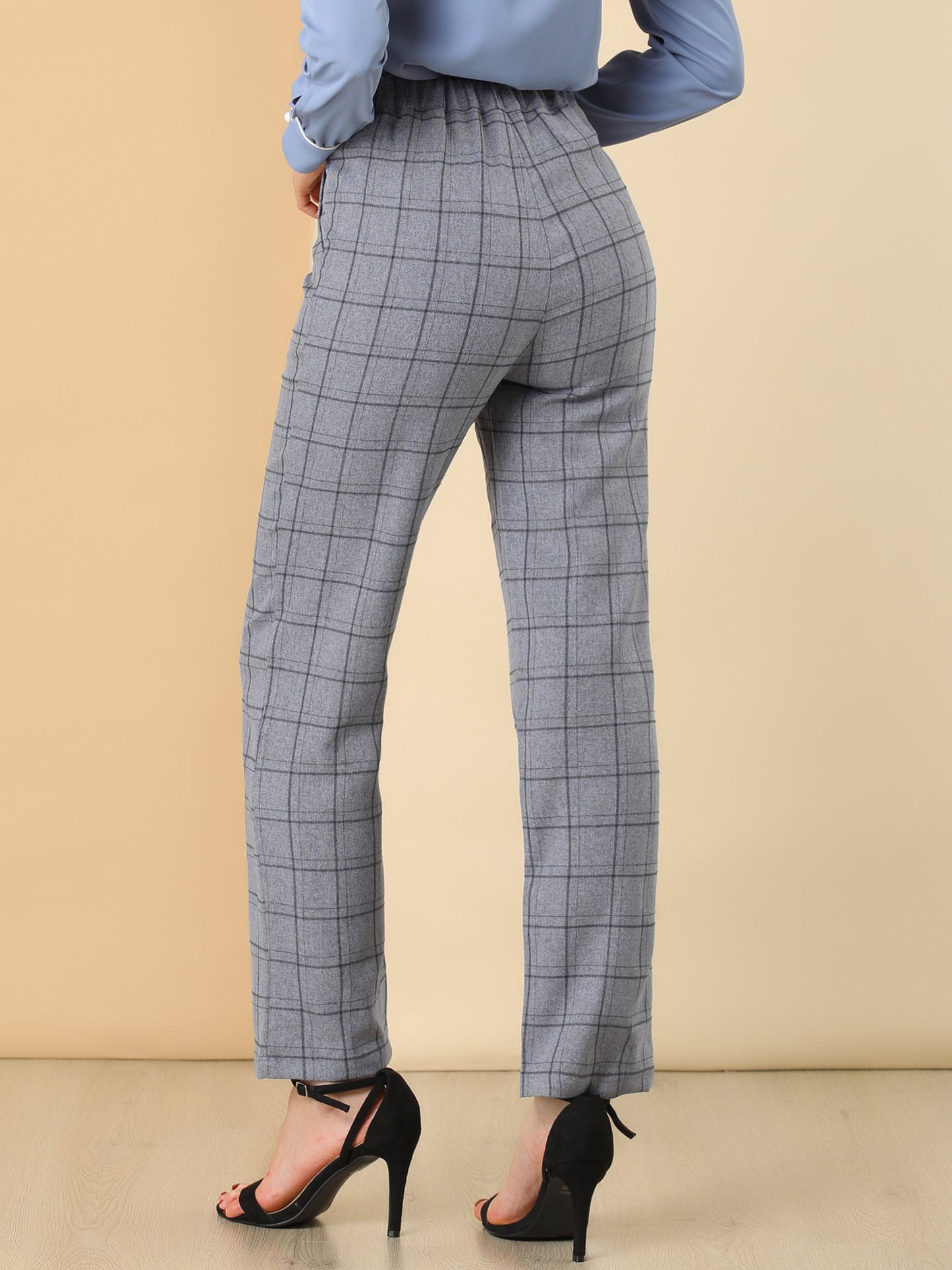 Pantalones a cuadros para mujer, cintura elástica, informales, para trabajo y oficina, largos