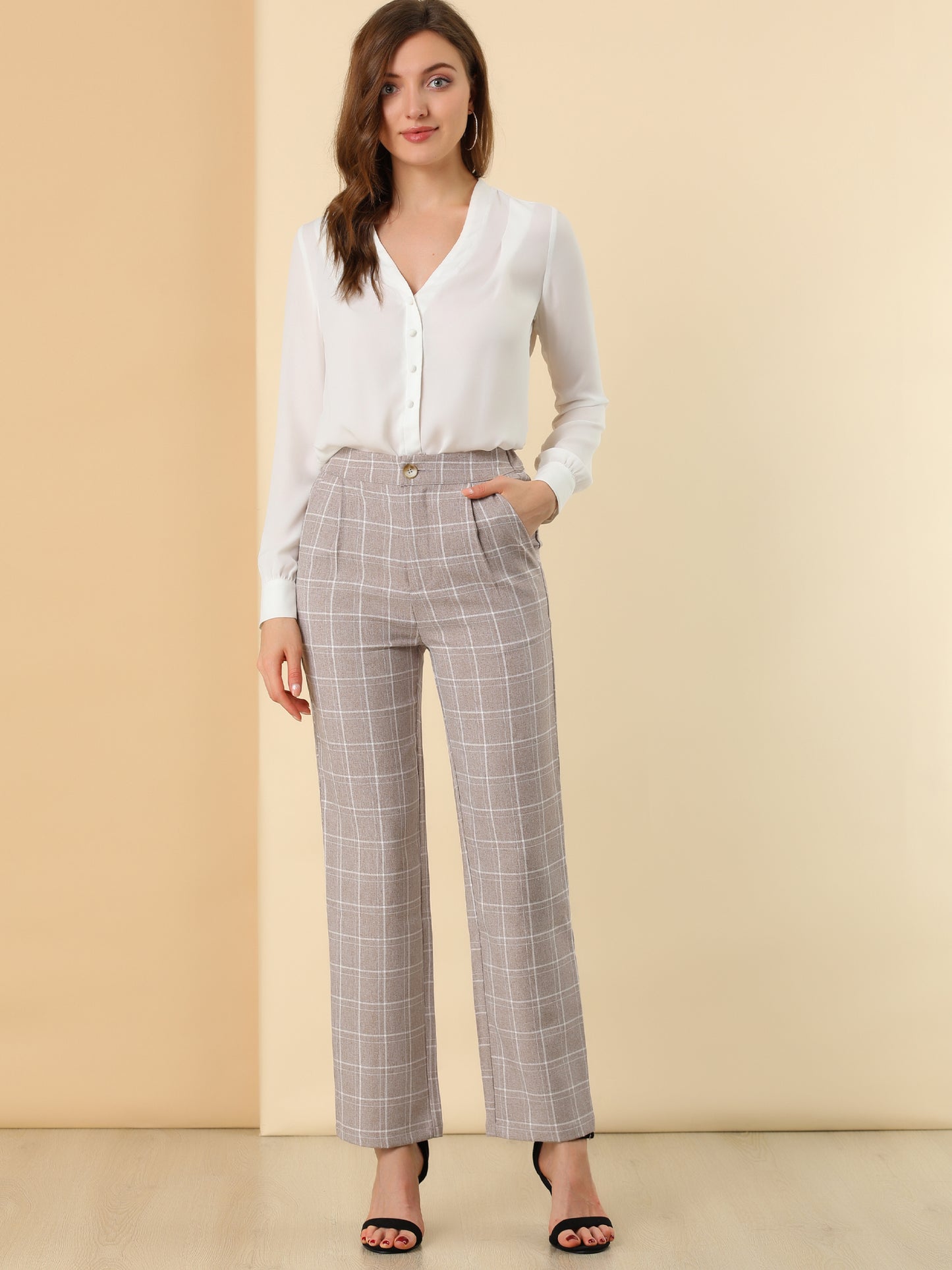 Women's Plaid Pants Elastic Waist Casual Work Office Long Trousers
