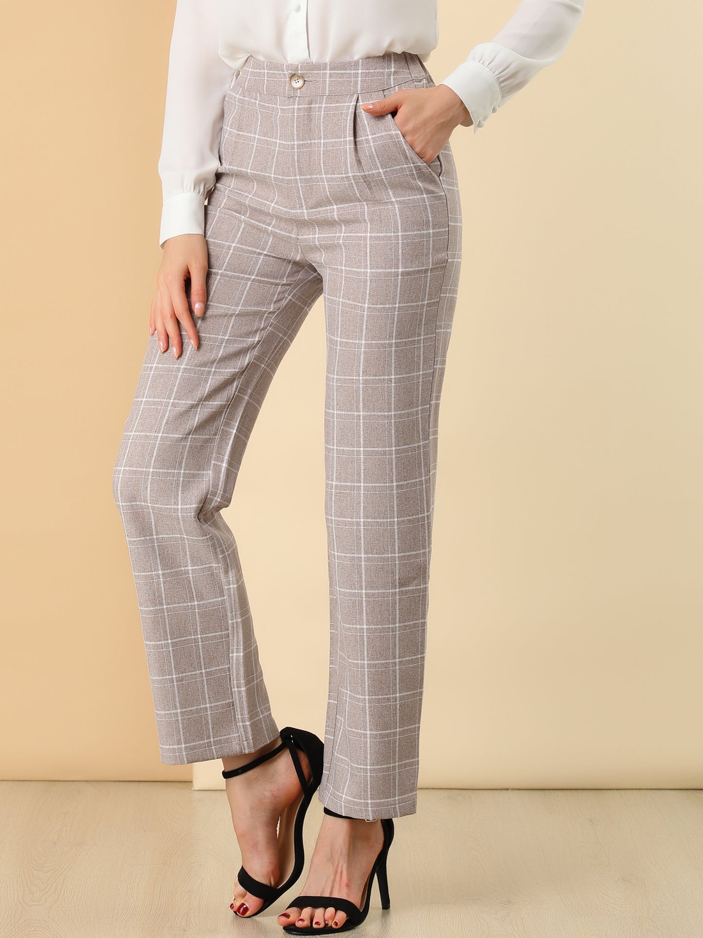 Women's Plaid Pants Elastic Waist Casual Work Office Long Trousers