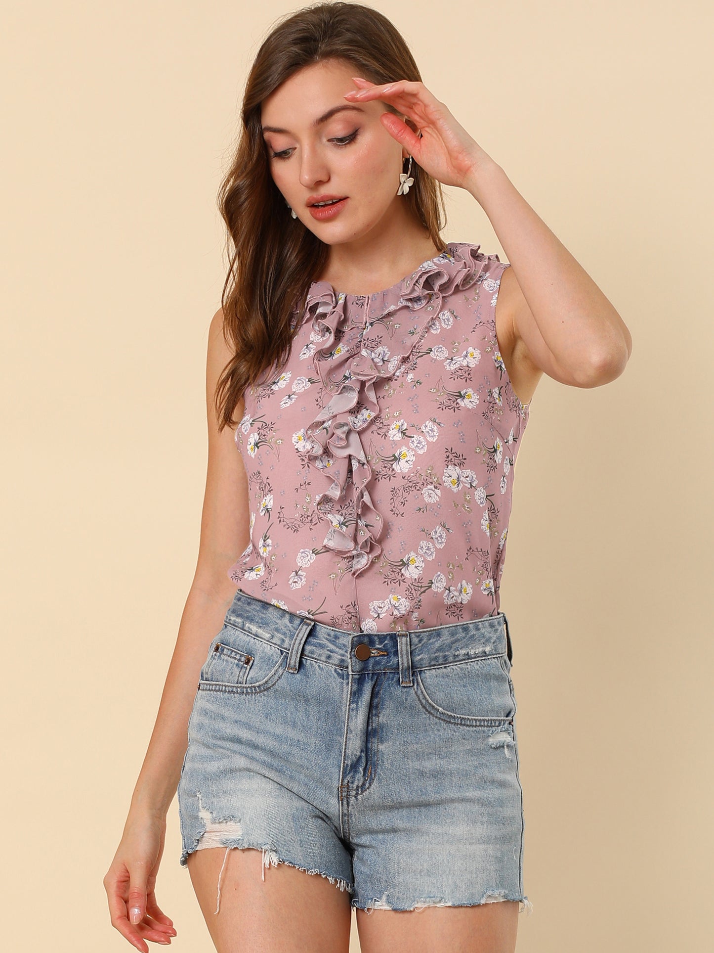 Women's Ruffle Sleeveless Chiffon Floral Top