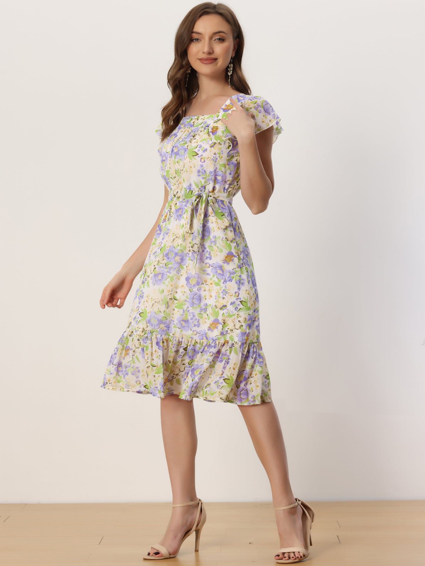 Women's Midi Floral Chiffon Dress Flutter Sleeve Belted Square Neck Ruffled Dress (Available in Plus Size)