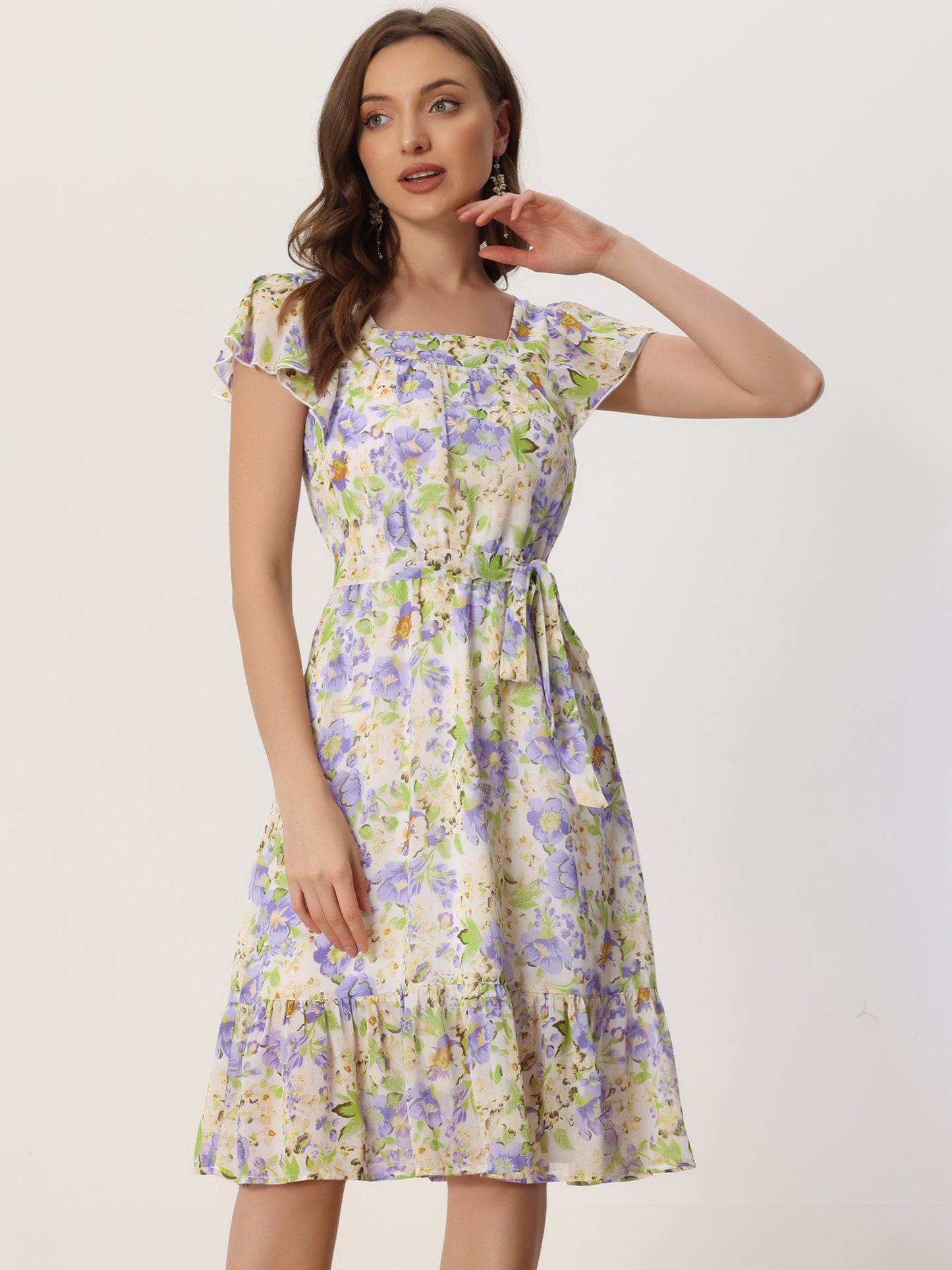Women's Midi Floral Chiffon Dress Flutter Sleeve Belted Square Neck Ruffled Dress (Available in Plus Size)