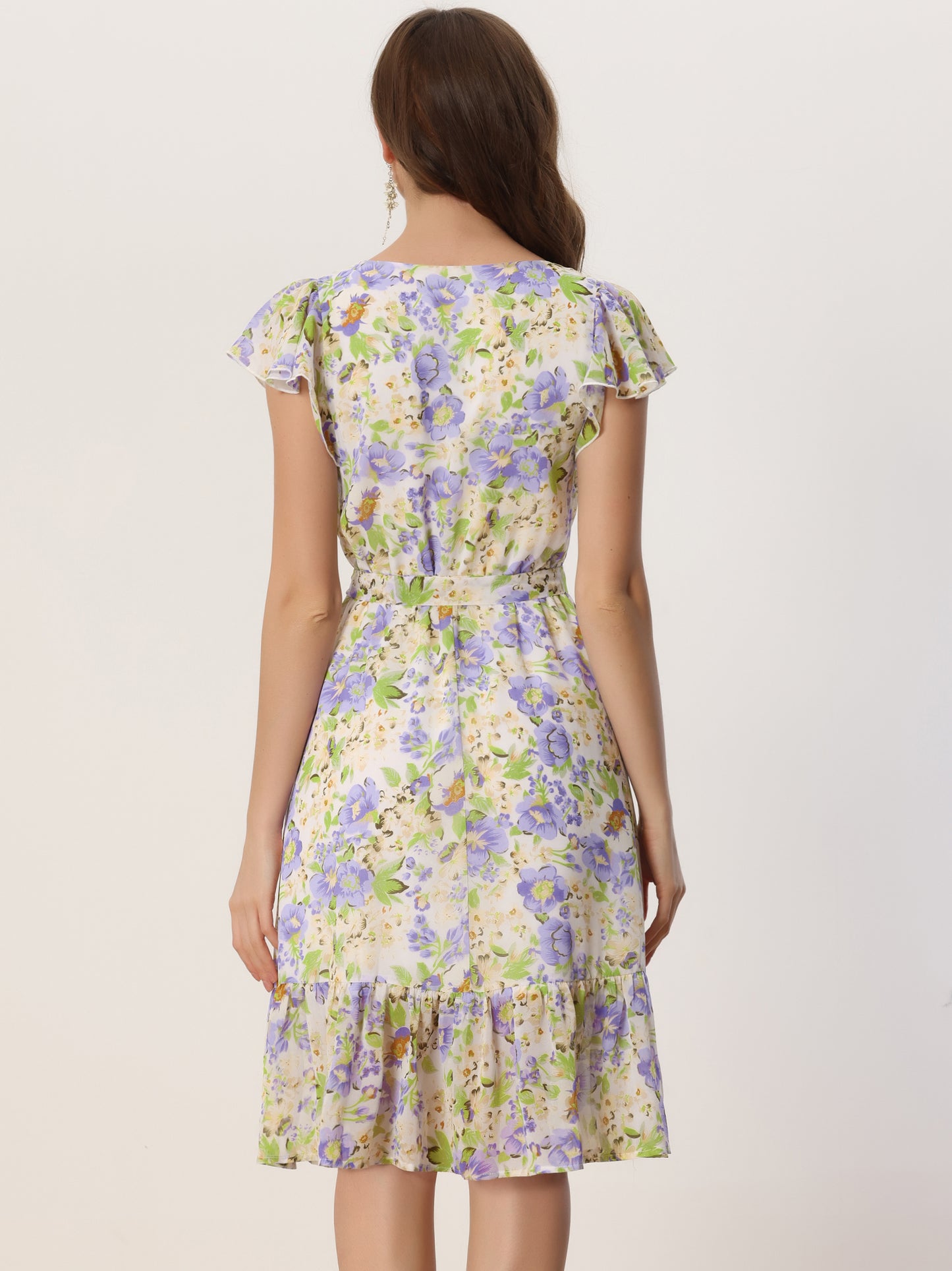 Women's Midi Floral Chiffon Dress Flutter Sleeve Belted Square Neck Ruffled Dress (Available in Plus Size)