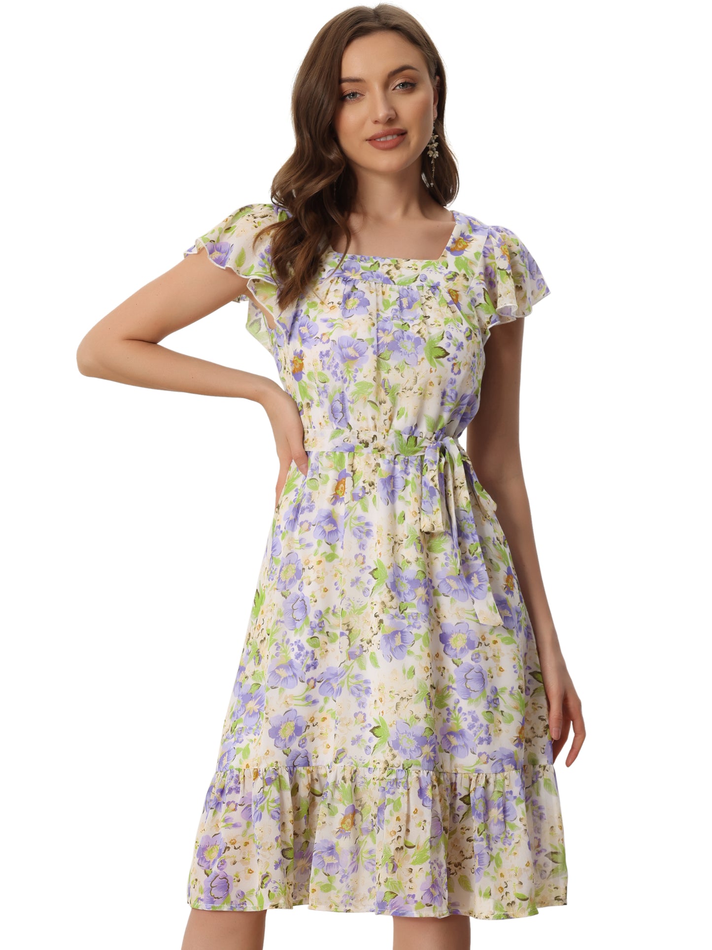 Women's Midi Floral Chiffon Dress Flutter Sleeve Belted Square Neck Ruffled Dress (Available in Plus Size)