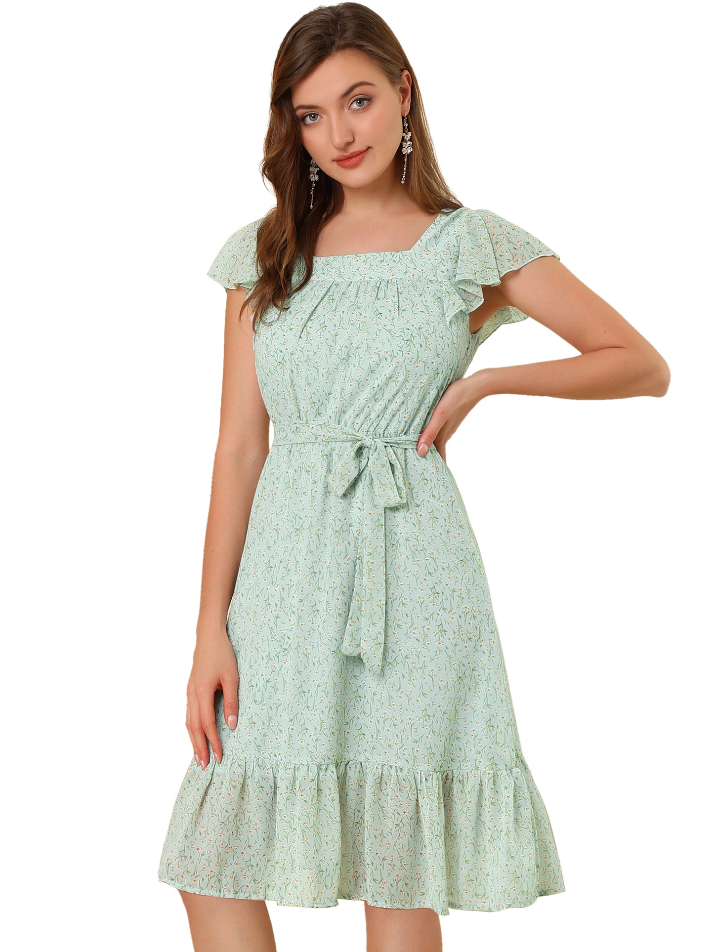 Women's Midi Floral Chiffon Dress Flutter Sleeve Belted Square Neck Ruffled Dress (Available in Plus Size)