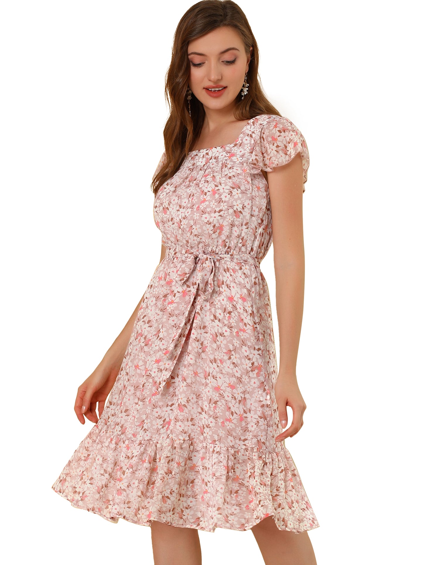 Women's Midi Floral Chiffon Dress Flutter Sleeve Belted Square Neck Ruffled Dress (Available in Plus Size)