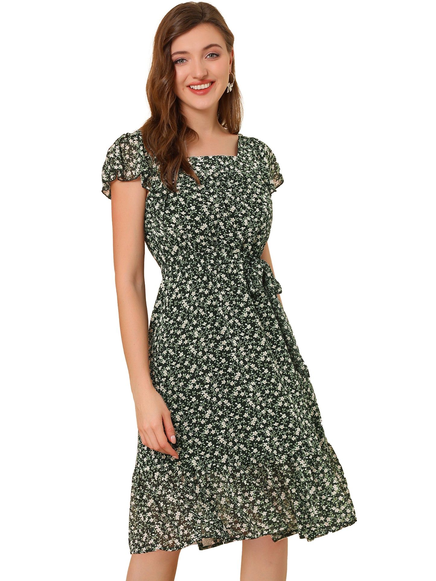 Women's Midi Floral Chiffon Dress Flutter Sleeve Belted Square Neck Ruffled Dress (Available in Plus Size)
