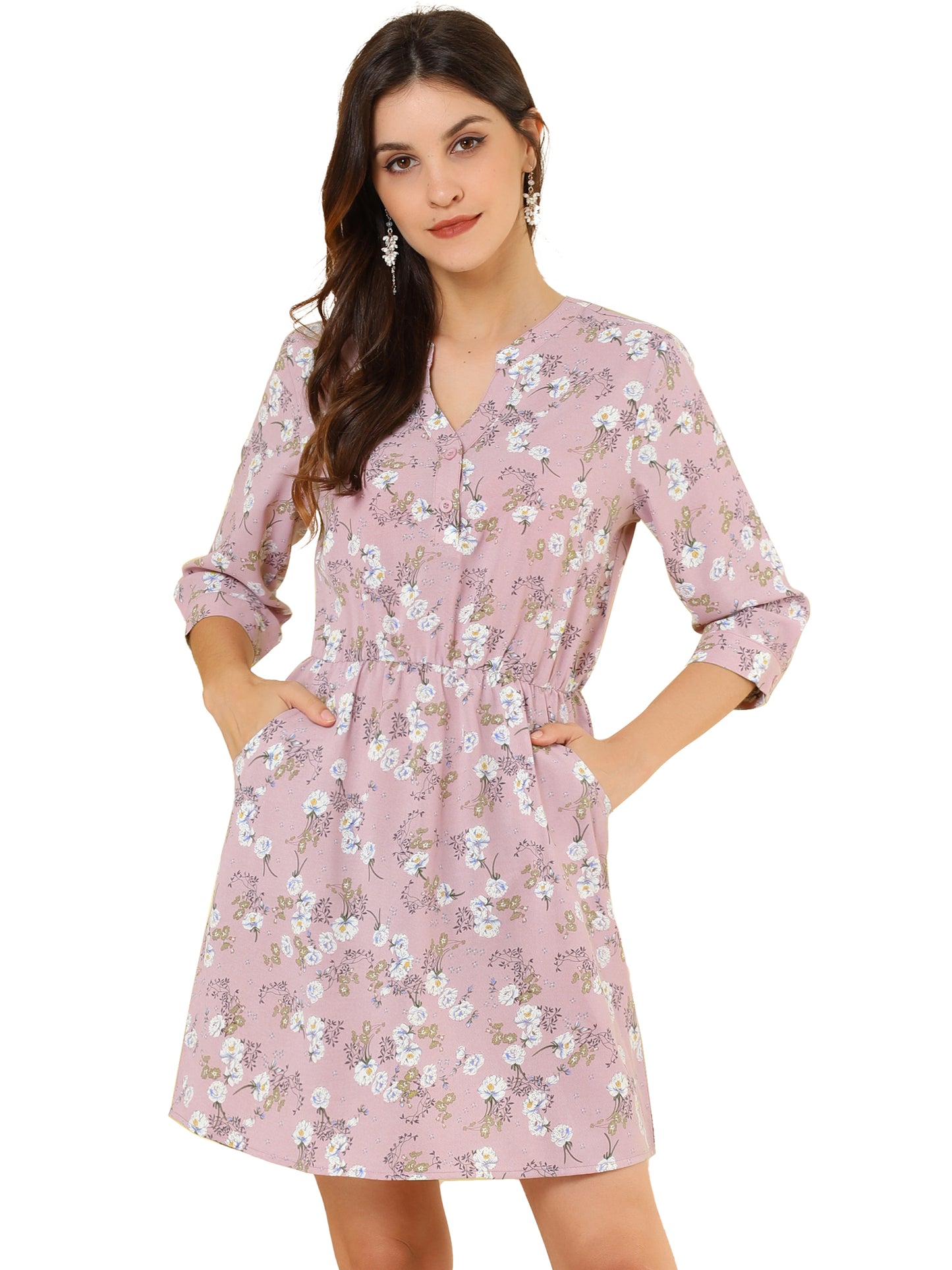 Women's Button-Up V Neck 3/4 Sleeves Floral Shirt Dress with Pockets