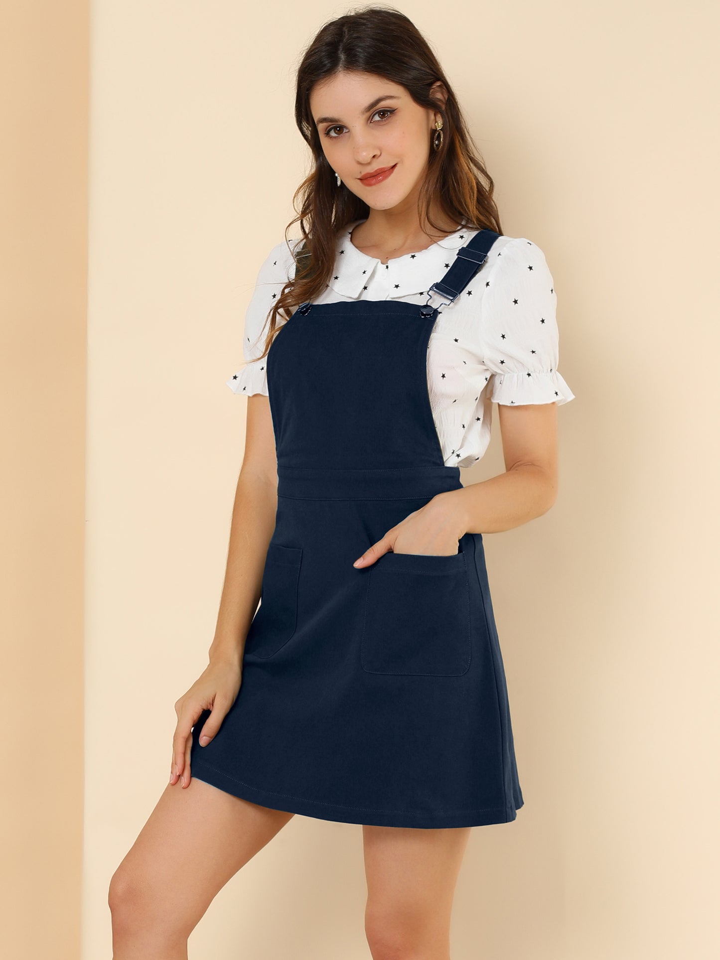 Women's Adjustable Strap Suspender Skirt with Pocket A-Line Pinafore Overall Dress