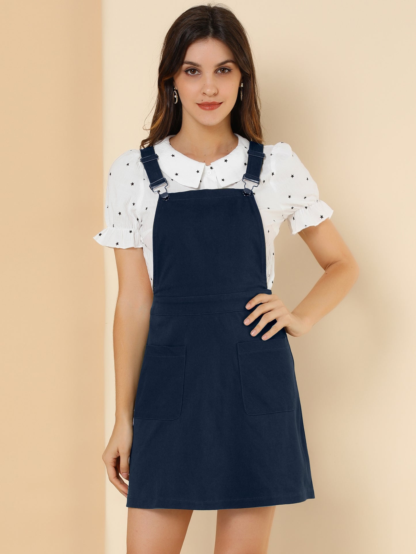 Women's Adjustable Strap Suspender Skirt with Pocket A-Line Pinafore Overall Dress
