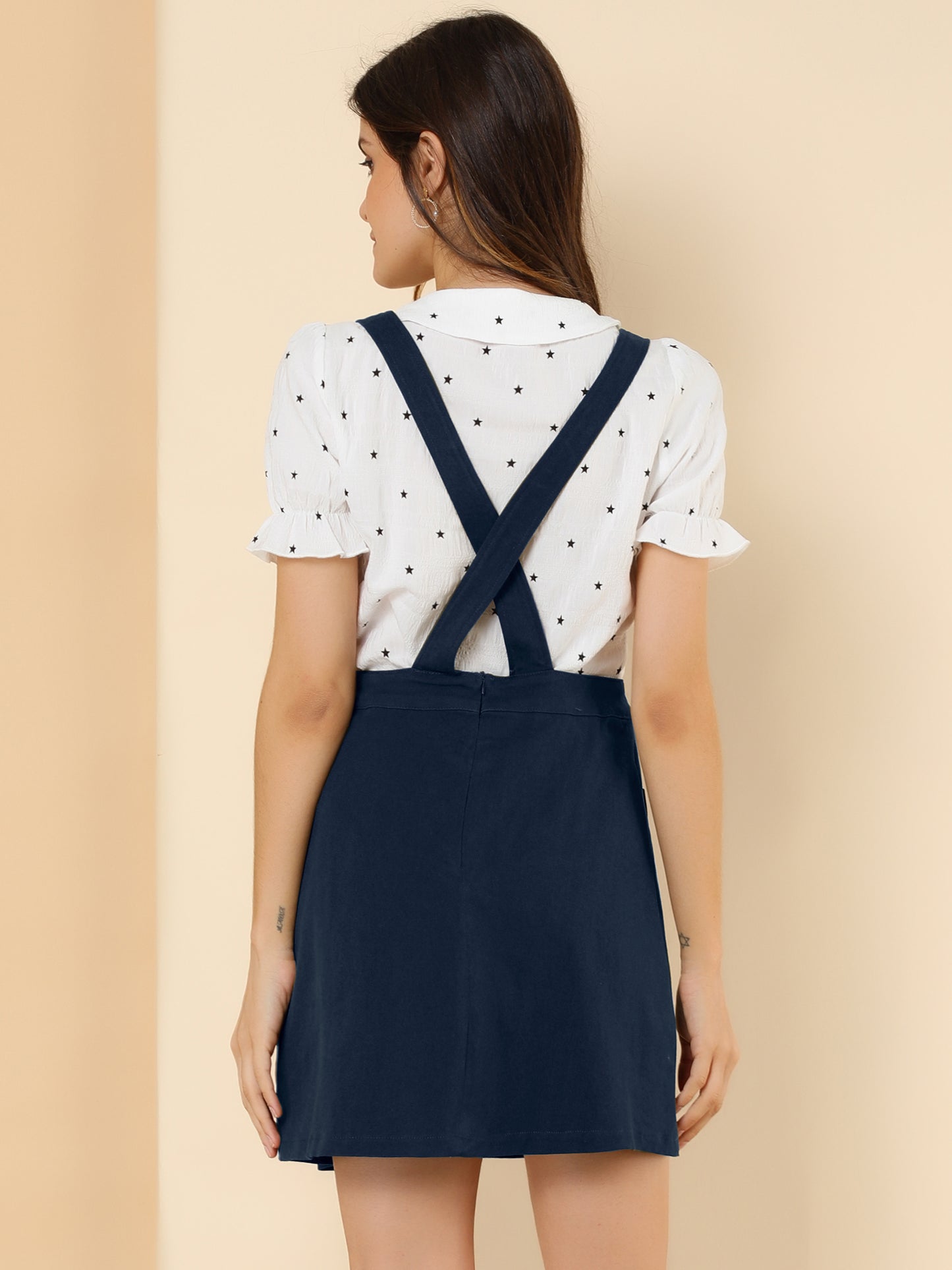 Women's Adjustable Strap Suspender Skirt with Pocket A-Line Pinafore Overall Dress