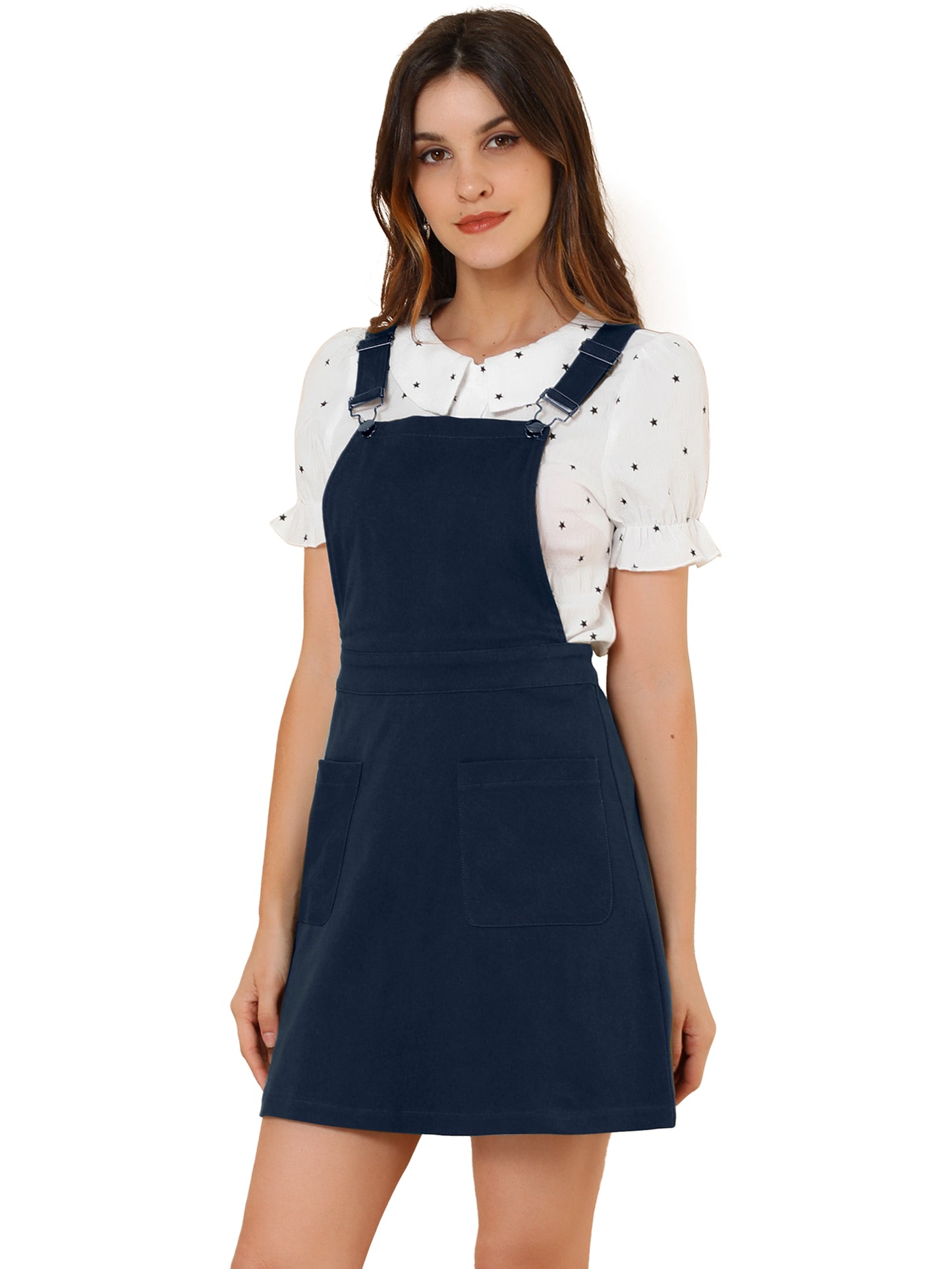 Women's Adjustable Strap Suspender Skirt with Pocket A-Line Pinafore Overall Dress