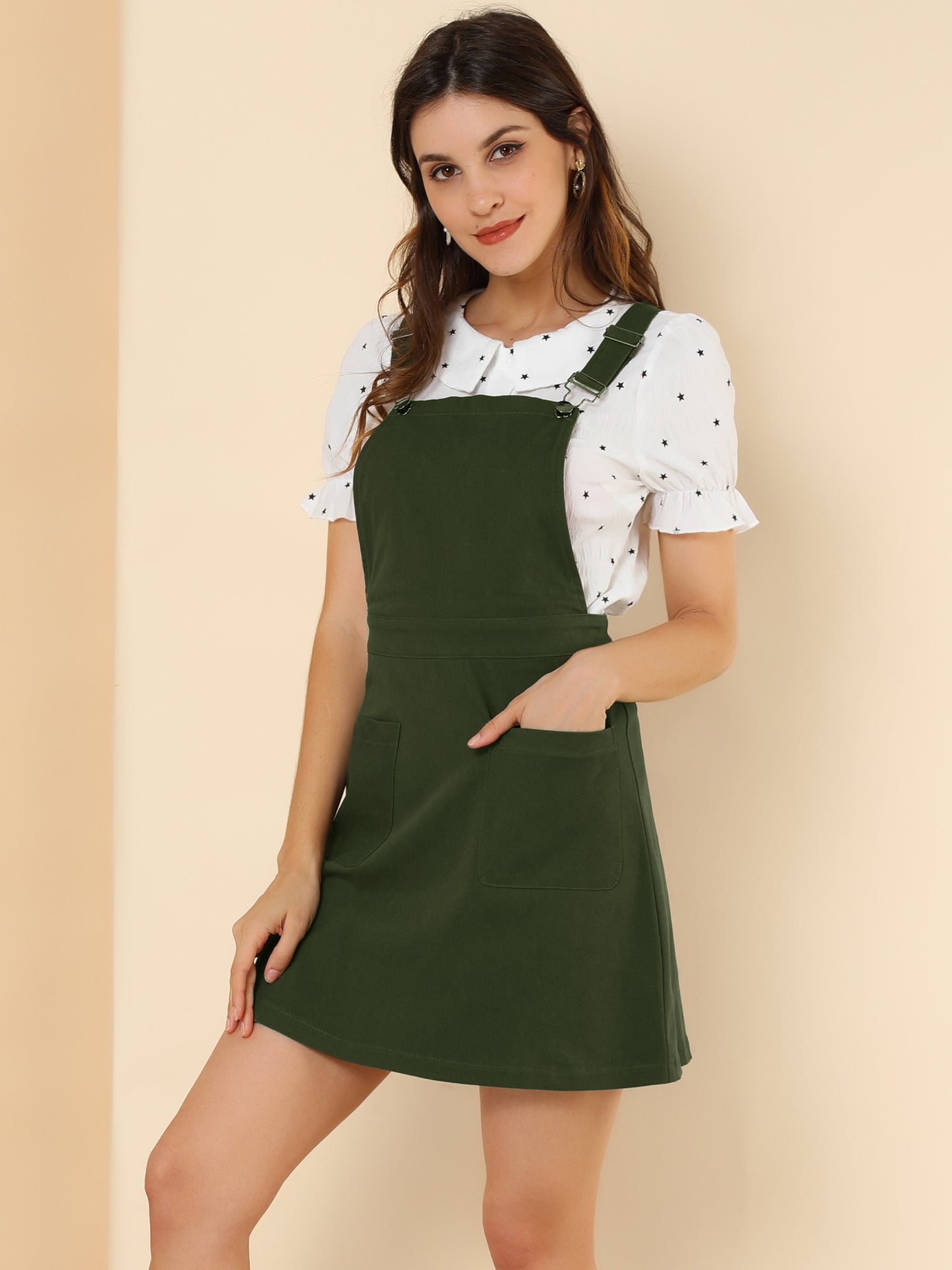 Women's Adjustable Strap Suspender Skirt with Pocket A-Line Pinafore Overall Dress