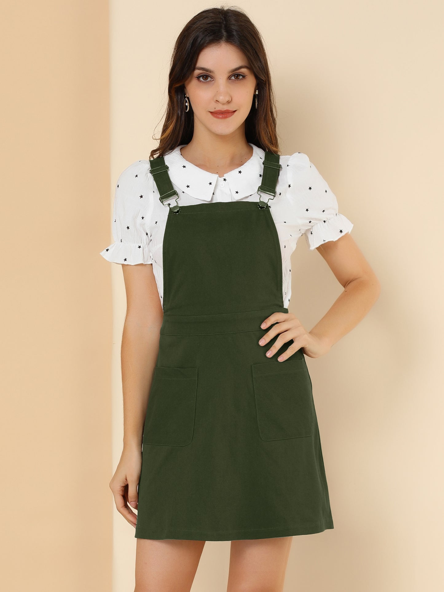 Women's Adjustable Strap Suspender Skirt with Pocket A-Line Pinafore Overall Dress