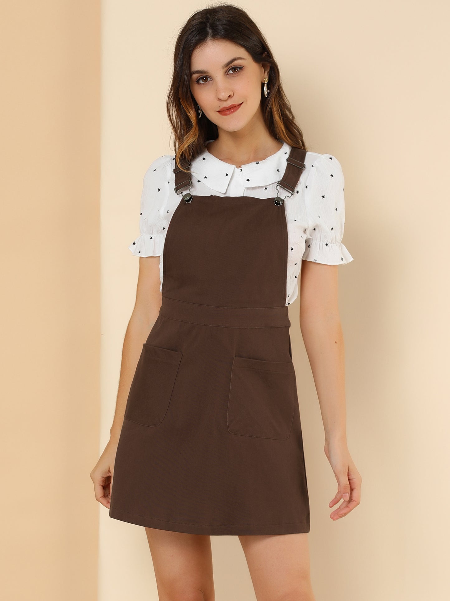 Women's Adjustable Strap Suspender Skirt with Pocket A-Line Pinafore Overall Dress