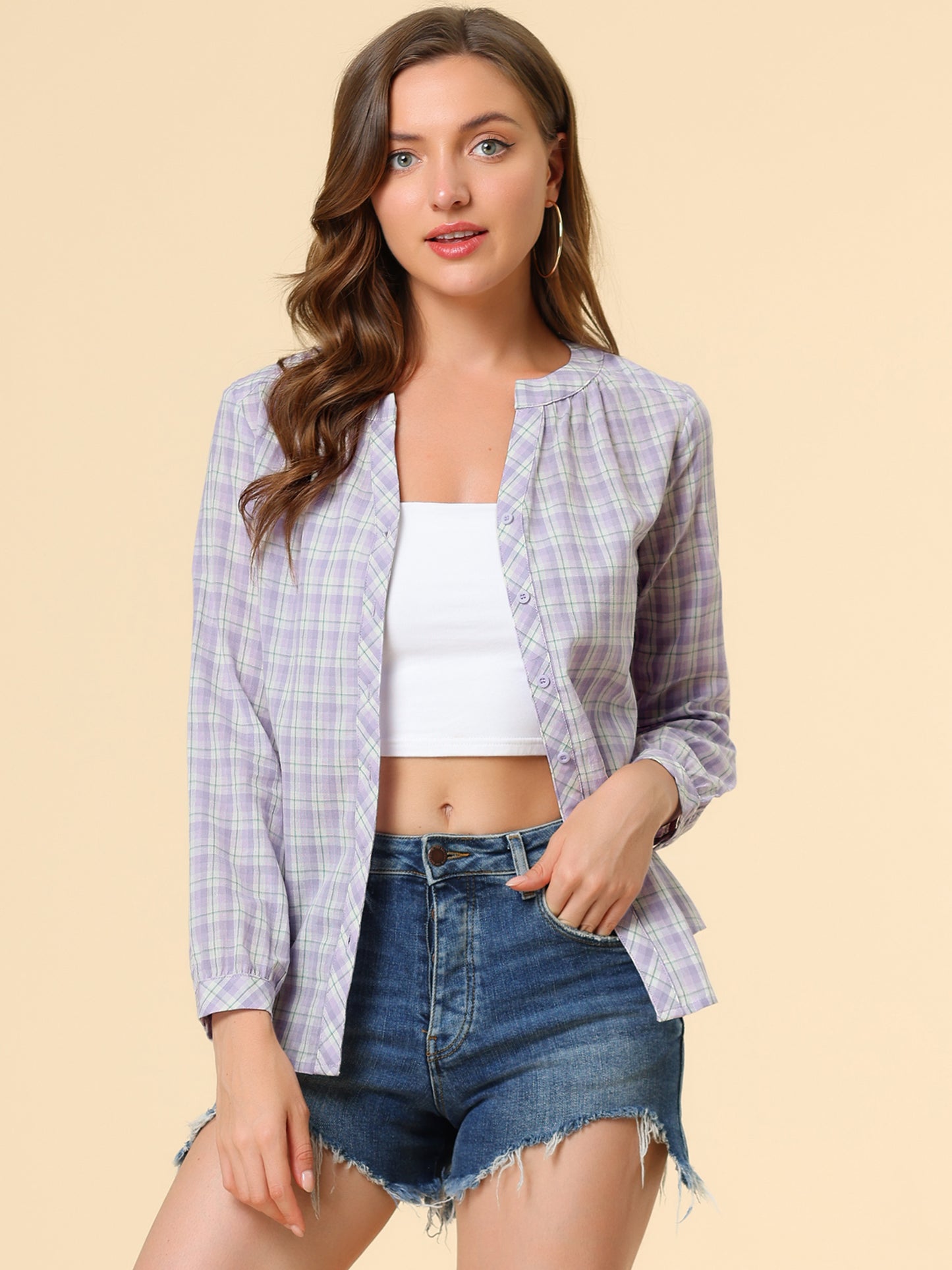 Women's Plaid Shirt Button Up V Neck Long Sleeve Top