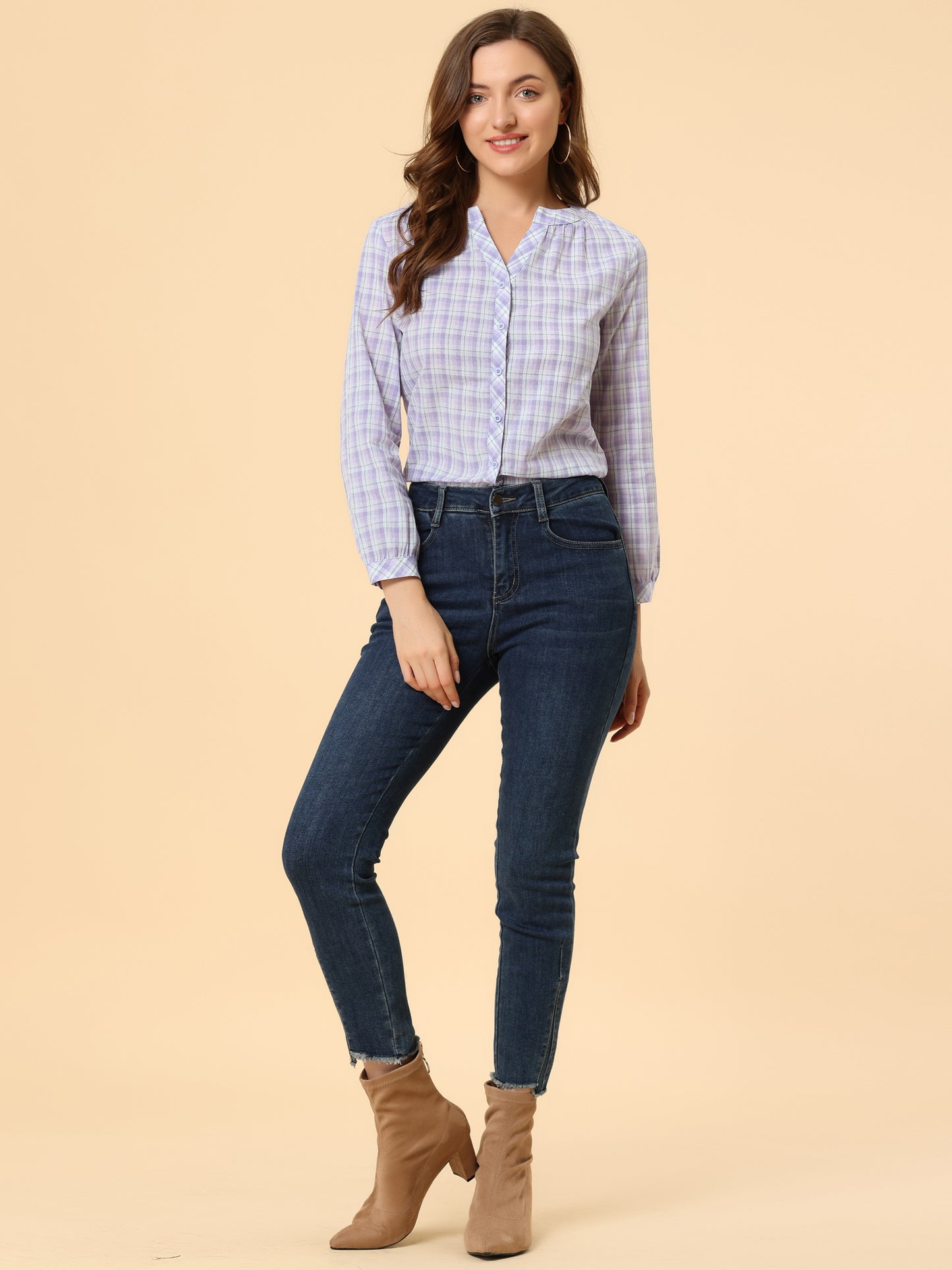 Women's Plaid Shirt Button Up V Neck Long Sleeve Top