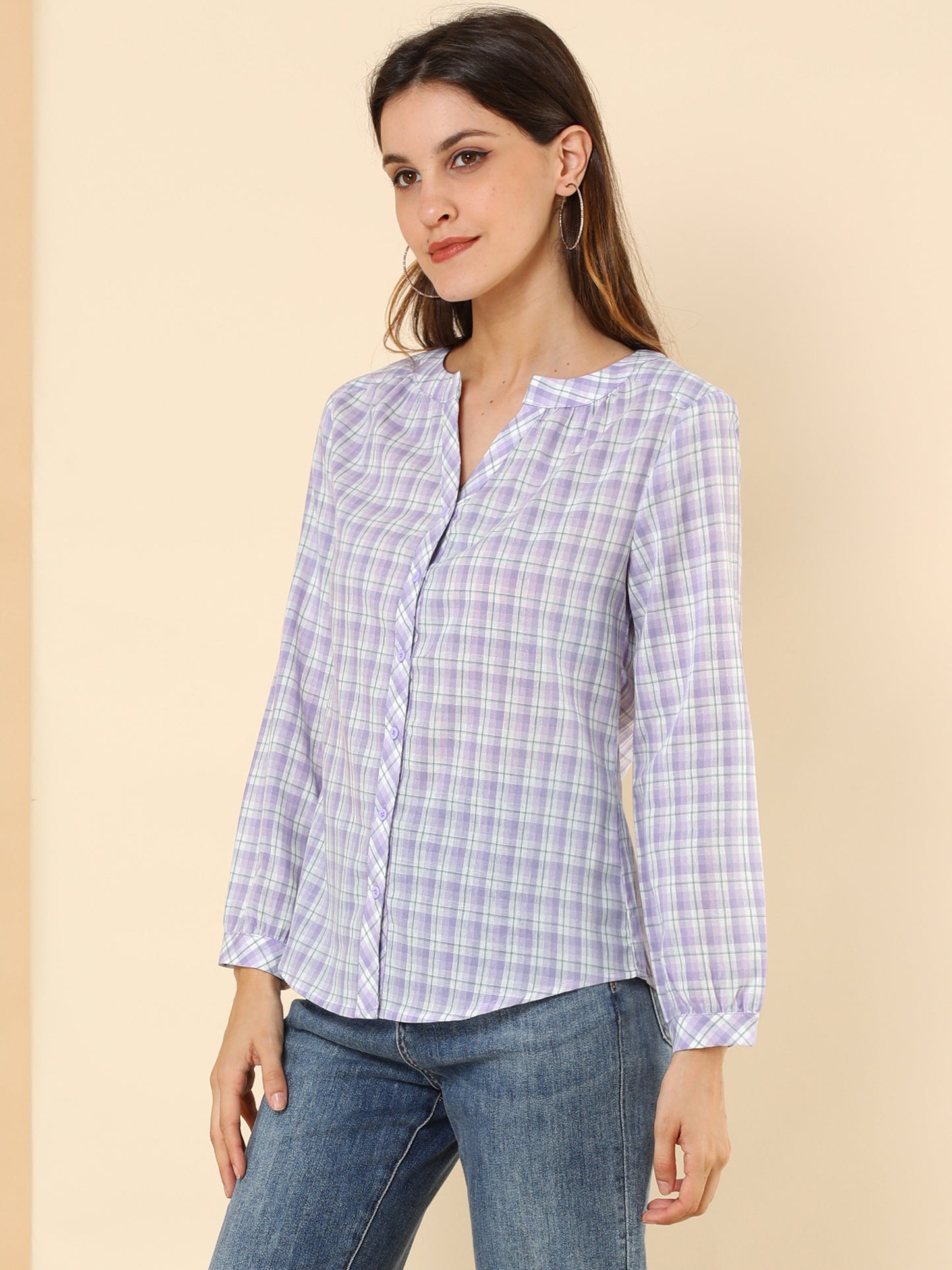 Women's Plaid Shirt Button Up V Neck Long Sleeve Top