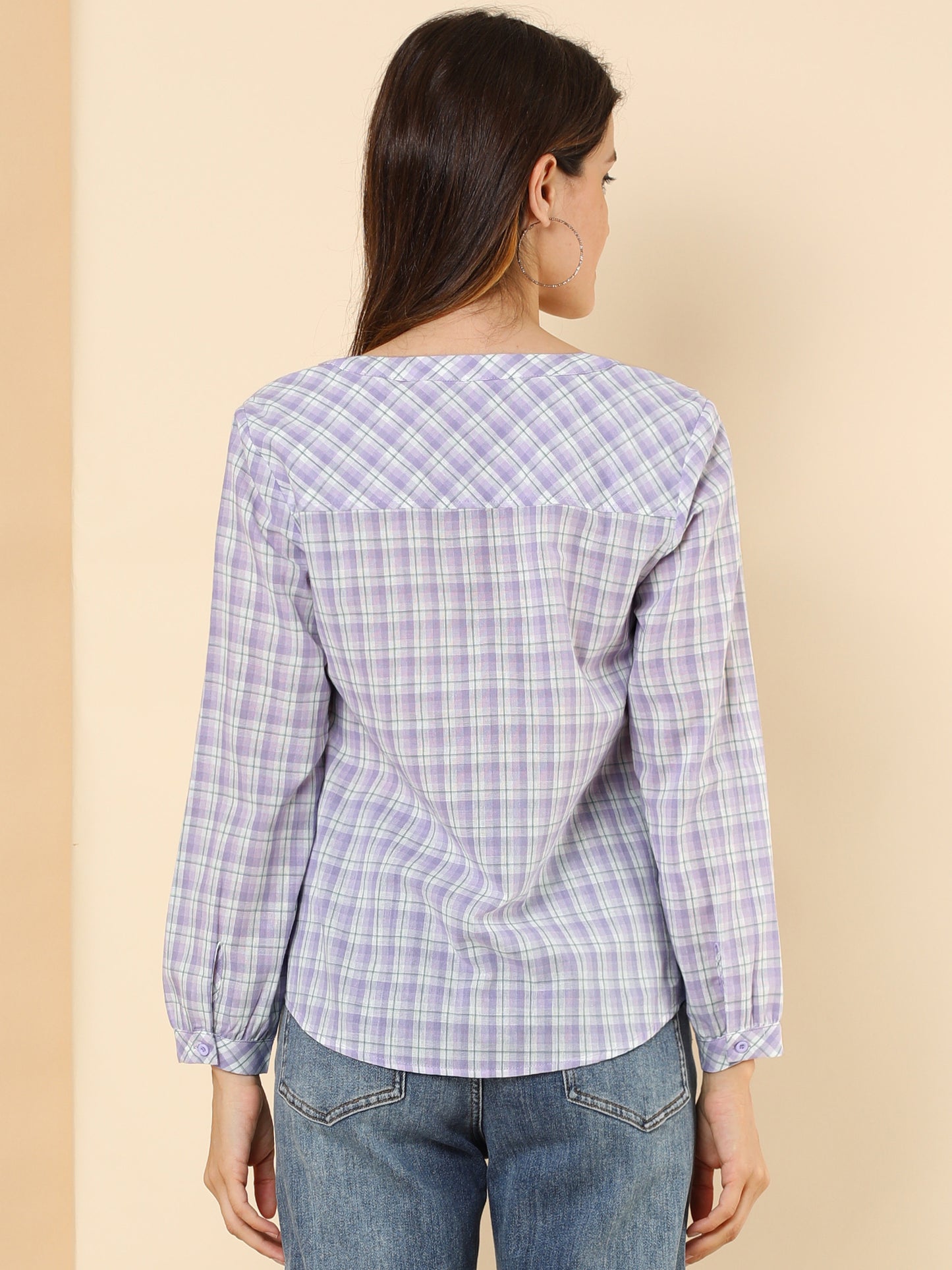 Women's Plaid Shirt Button Up V Neck Long Sleeve Top