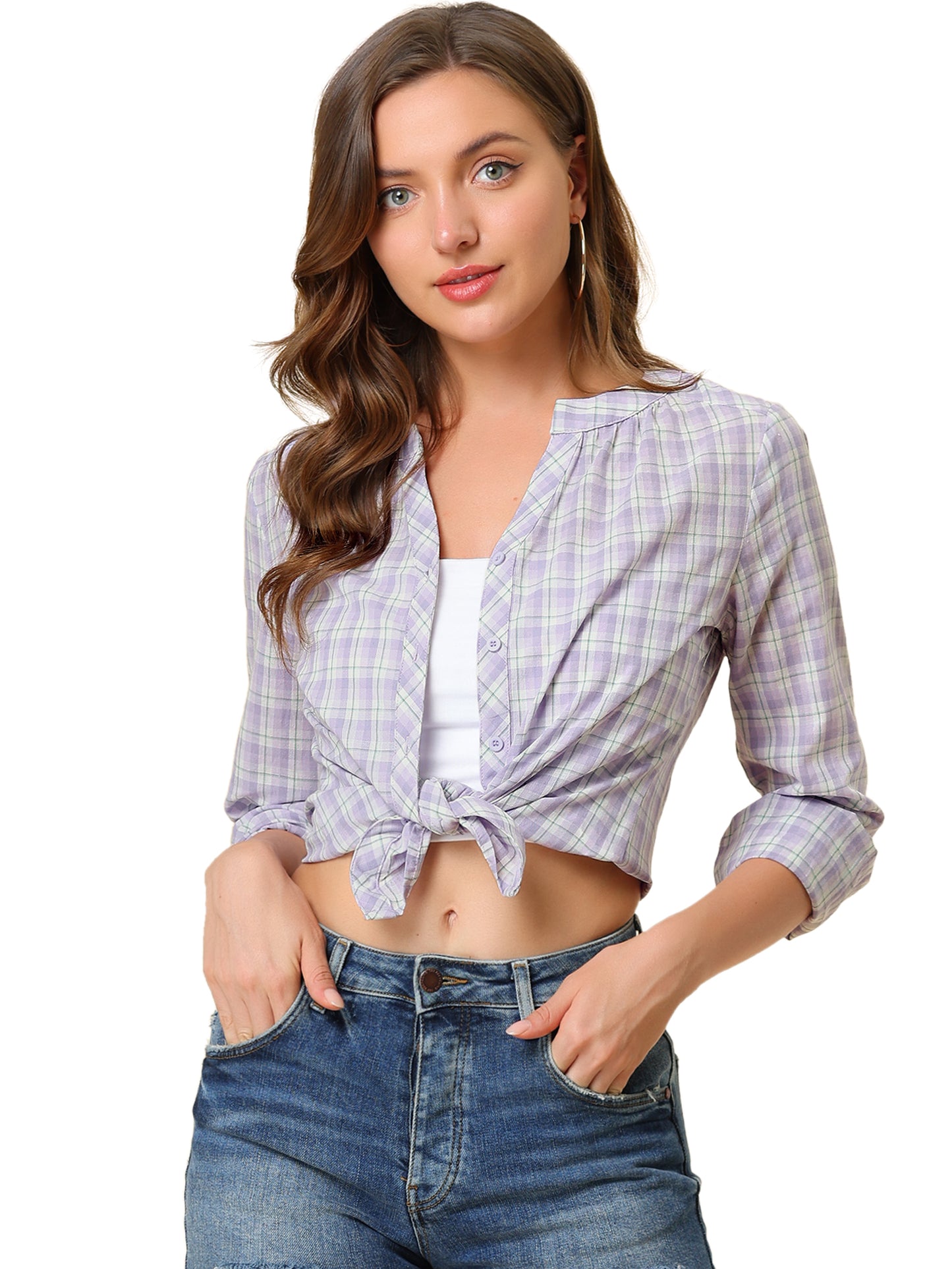 Women's Plaid Shirt Button Up V Neck Long Sleeve Top
