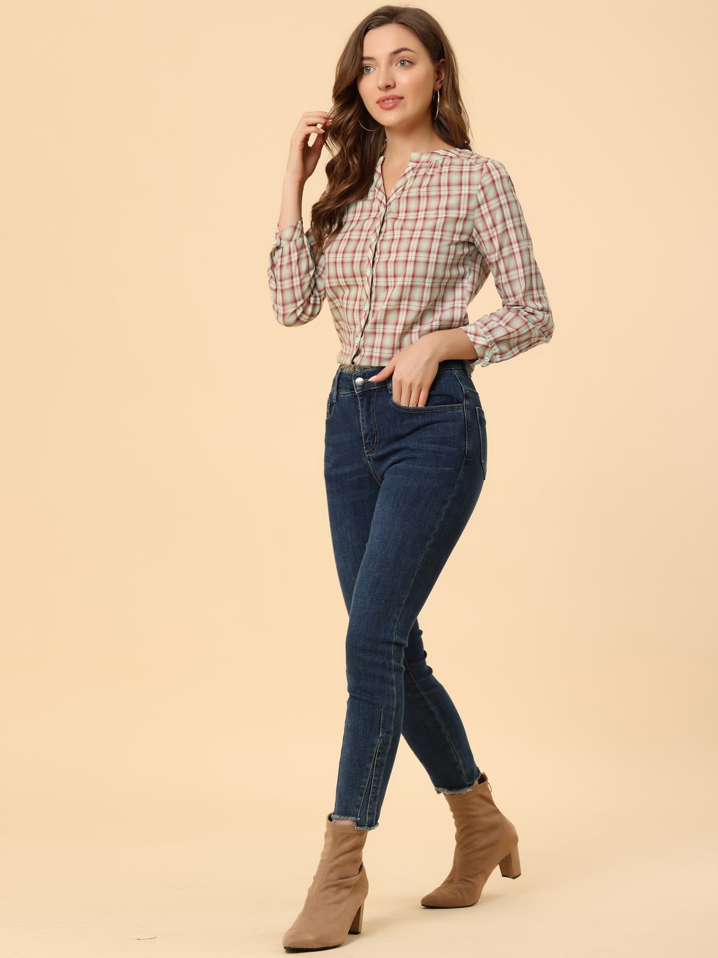 Camisa a cuadros para mujer con cuello en V, botones y manga larga