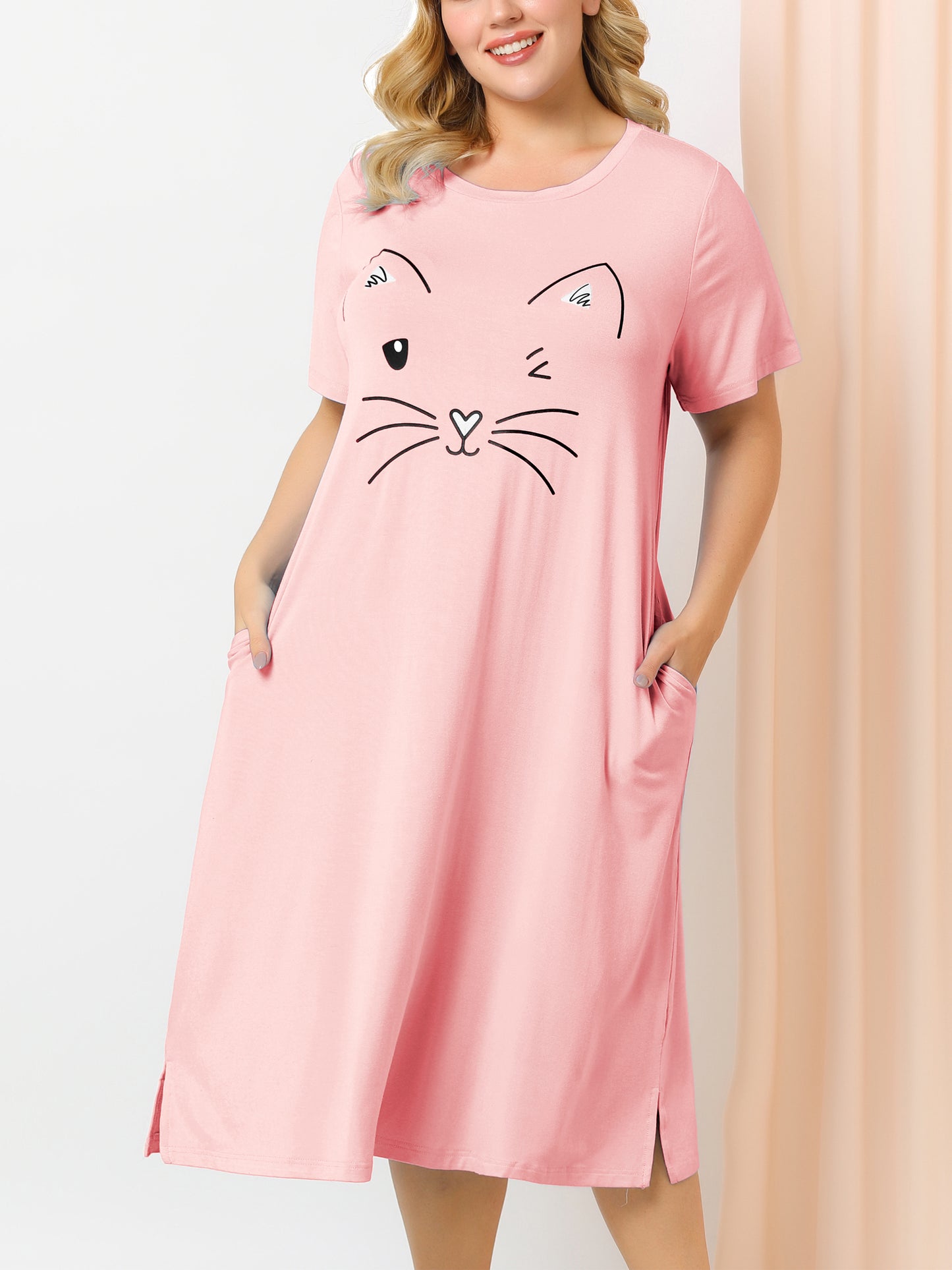 Women's Plus Size Nightgowns Pajama Dress Cute Cat Loose Loungewear with Pockets
