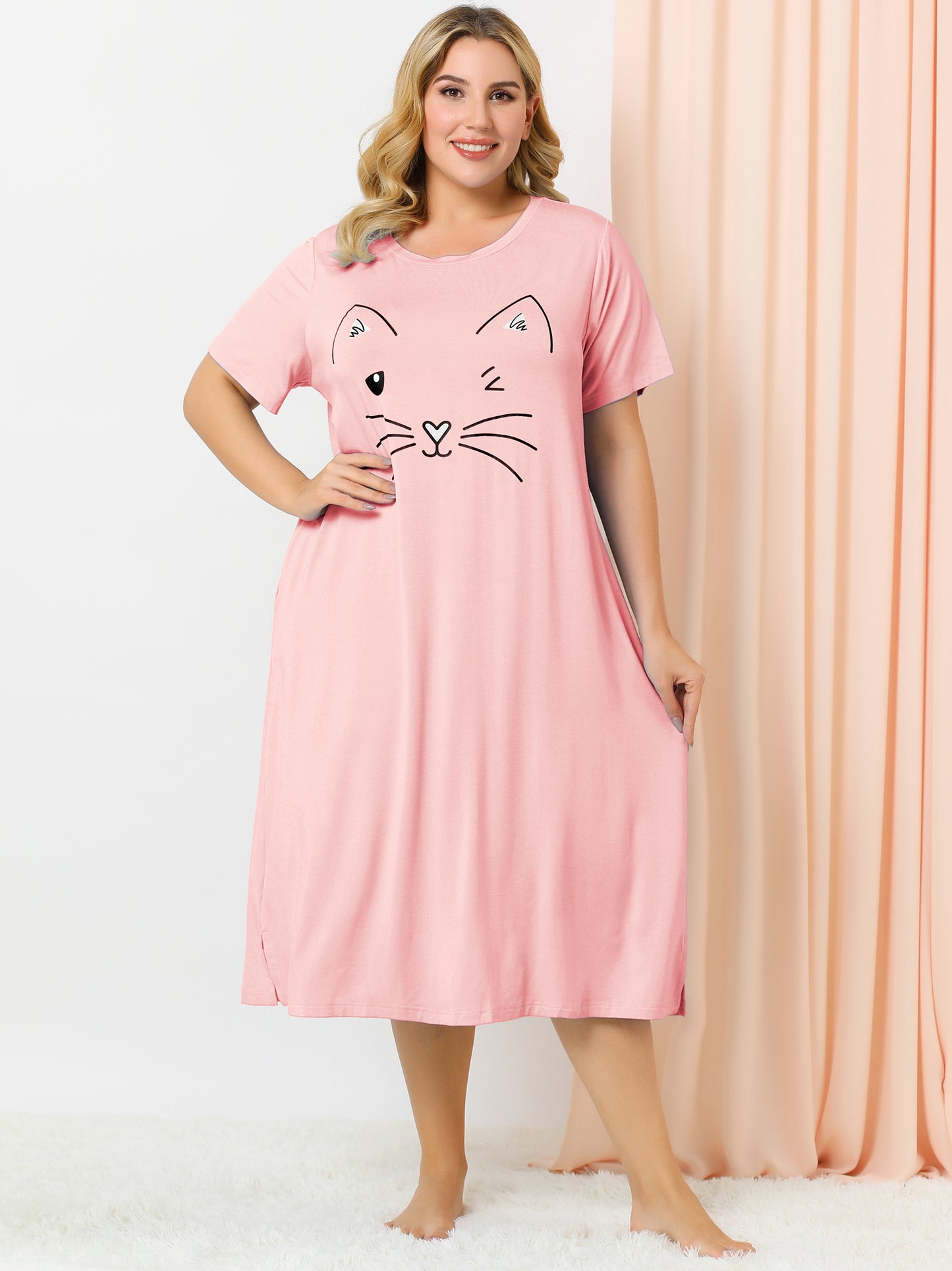 Women's Plus Size Nightgowns Pajama Dress Cute Cat Loose Loungewear with Pockets