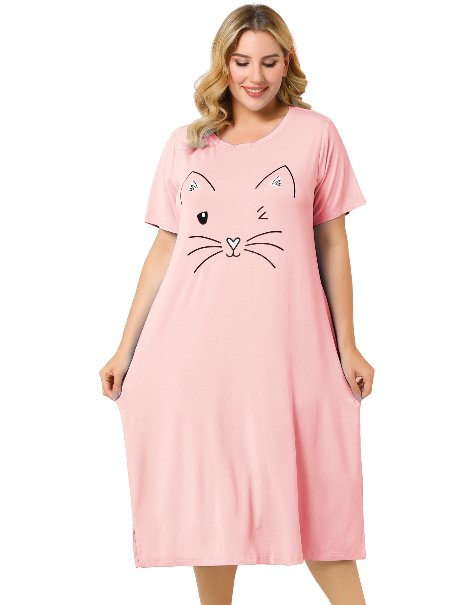 Women's Plus Size Nightgowns Pajama Dress Cute Cat Loose Loungewear with Pockets
