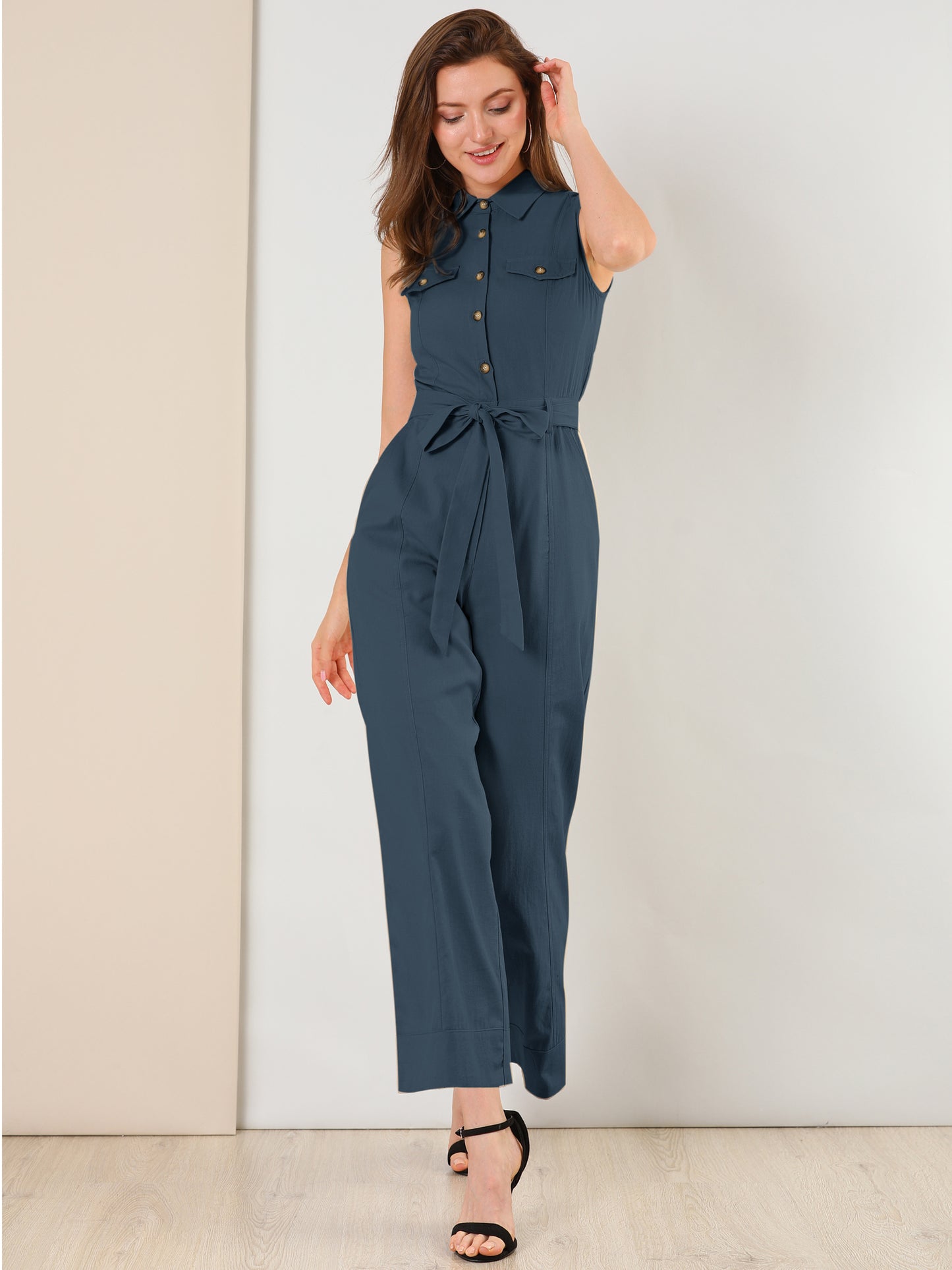 Women's Wide Leg Jumpsuit Sleeveless Collared Tie Waist Coverall Button Down Cargo Jumpsuits