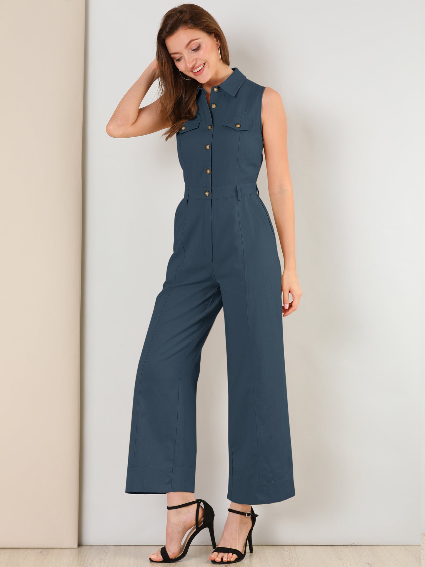 Women's Wide Leg Jumpsuit Sleeveless Collared Tie Waist Coverall Button Down Cargo Jumpsuits