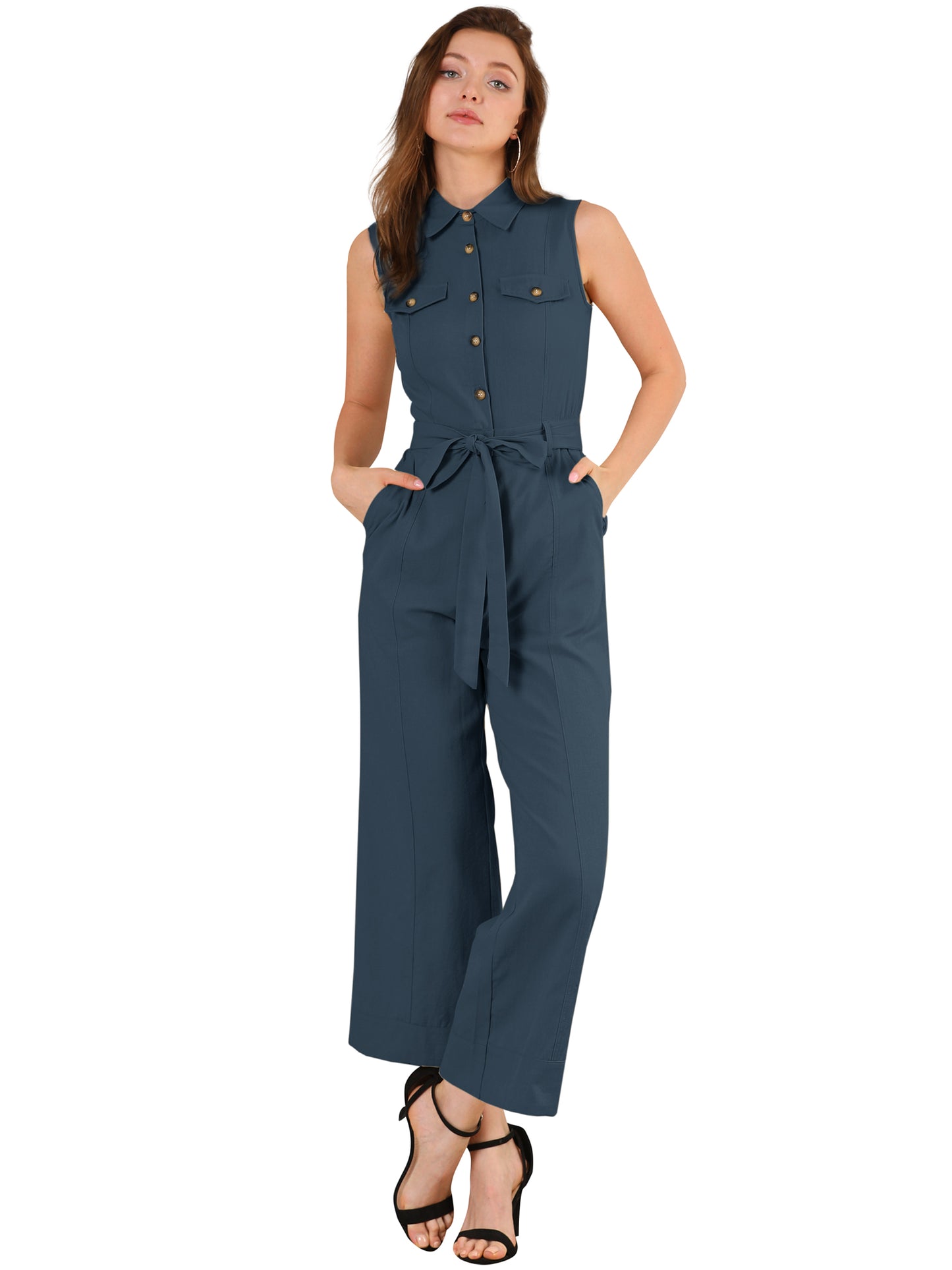Women's Wide Leg Jumpsuit Sleeveless Collared Tie Waist Coverall Button Down Cargo Jumpsuits