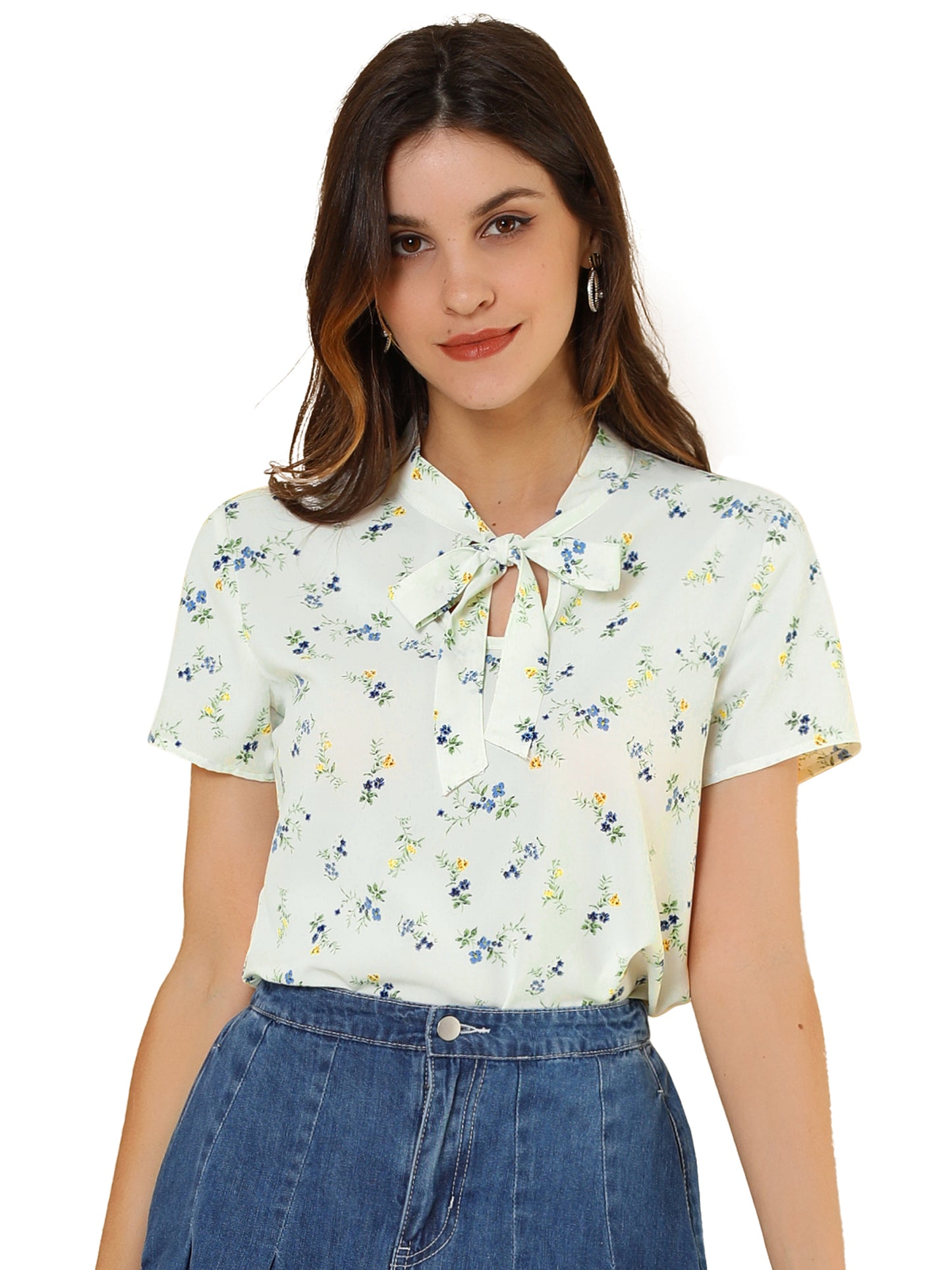 Women's Bow Tie Neck Short Sleeve Printed Chiffon Blouse