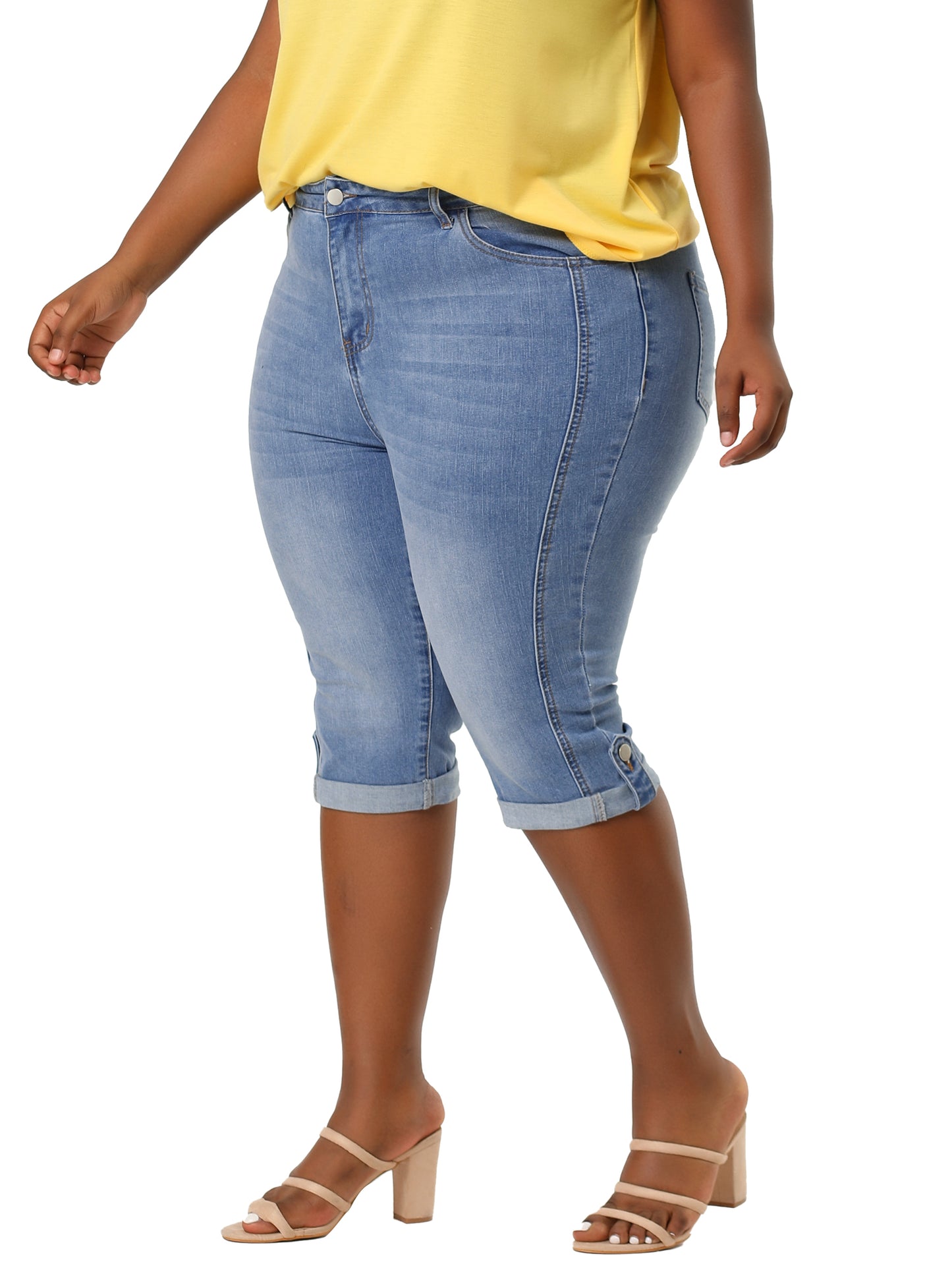 Women's Plus Size Capri Denim Jeans Mid-Rise Fit Curvy Stretch Skinny Jean Capris with Pocket