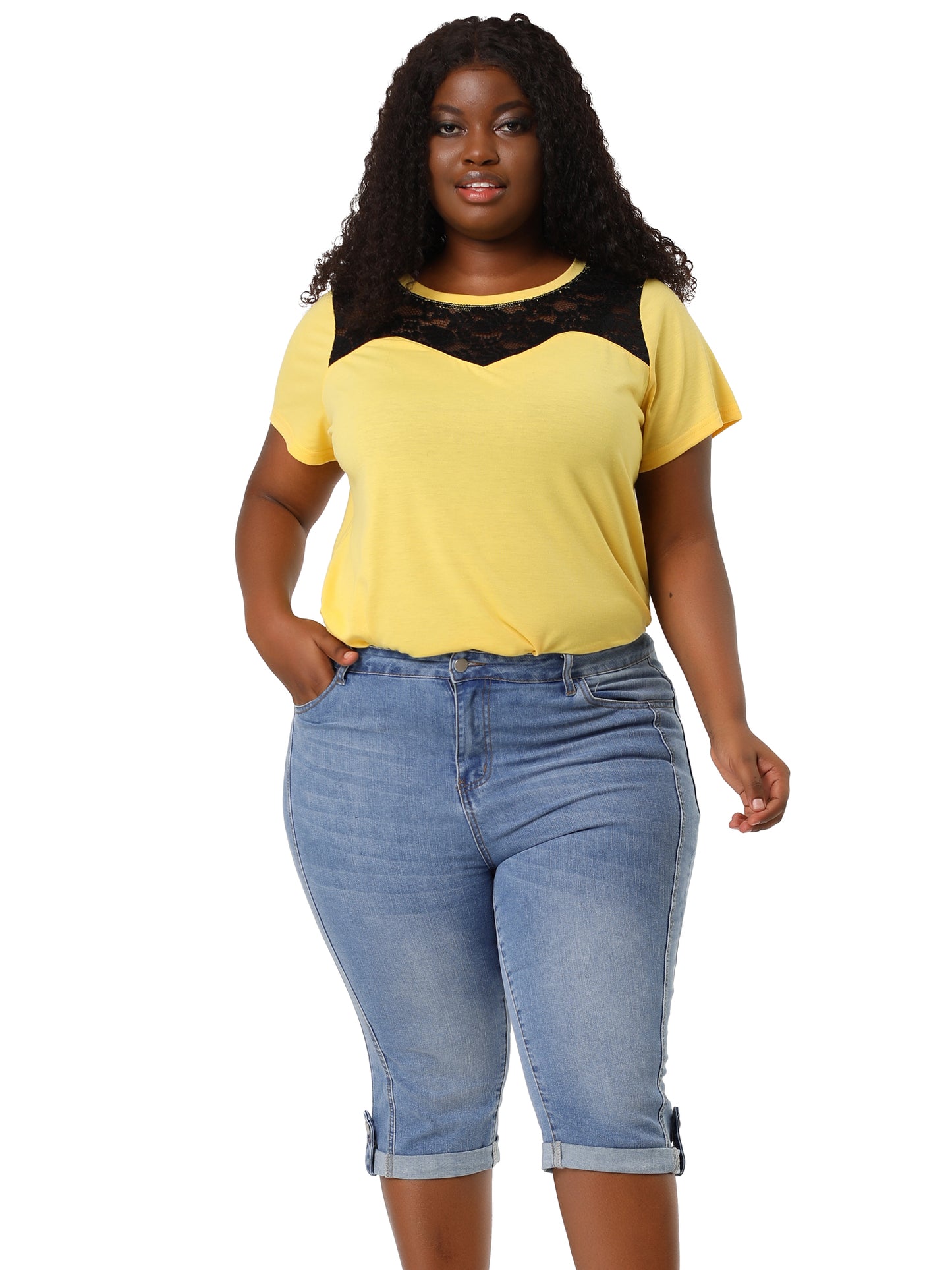 Women's Plus Size Capri Denim Jeans Mid-Rise Fit Curvy Stretch Skinny Jean Capris with Pocket