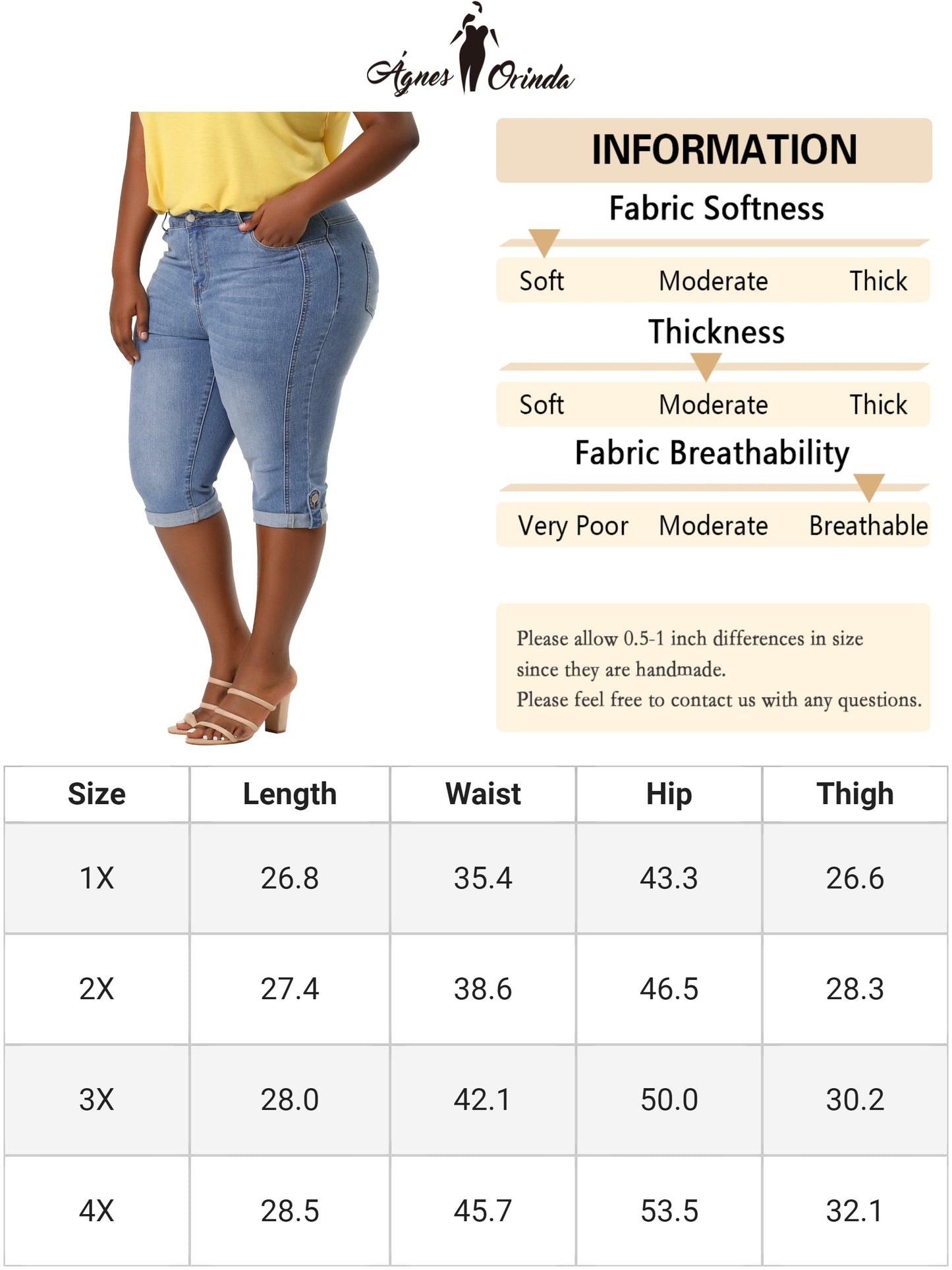 Women's Plus Size Capri Denim Jeans Mid-Rise Fit Curvy Stretch Skinny Jean Capris with Pocket