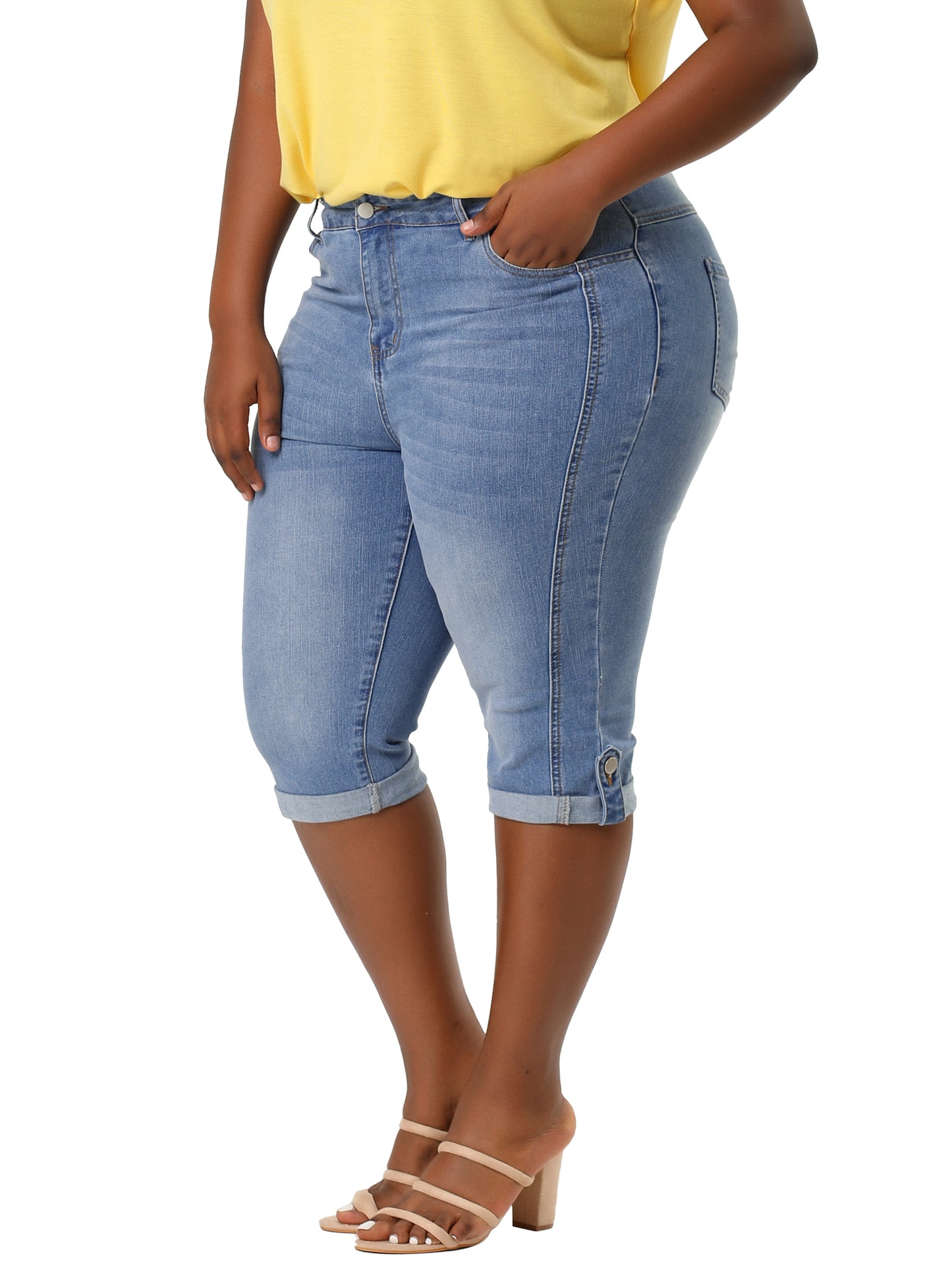 Women's Plus Size Capri Denim Jeans Mid-Rise Fit Curvy Stretch Skinny Jean Capris with Pocket