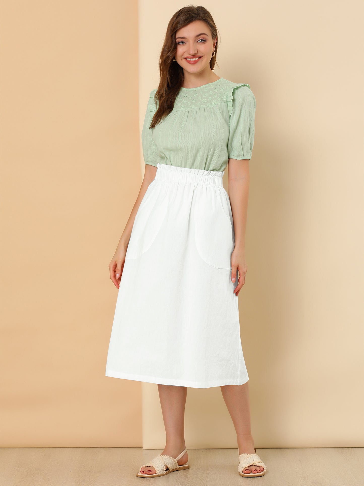 Women's Casual Cotton Skirt Elastic Waist Scrub Peasant A-Line Midi Skirts with Pockets (Available in Plus Size)