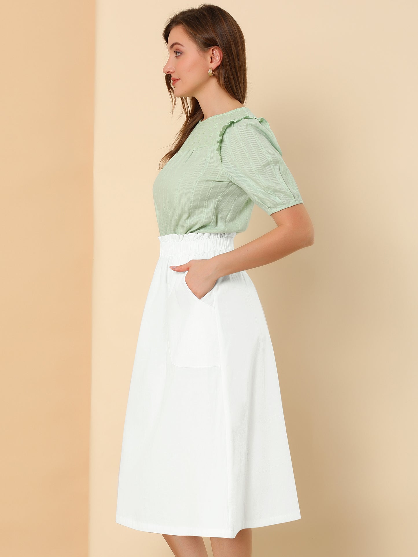 Women's Casual Cotton Skirt Elastic Waist Scrub Peasant A-Line Midi Skirts with Pockets (Available in Plus Size)