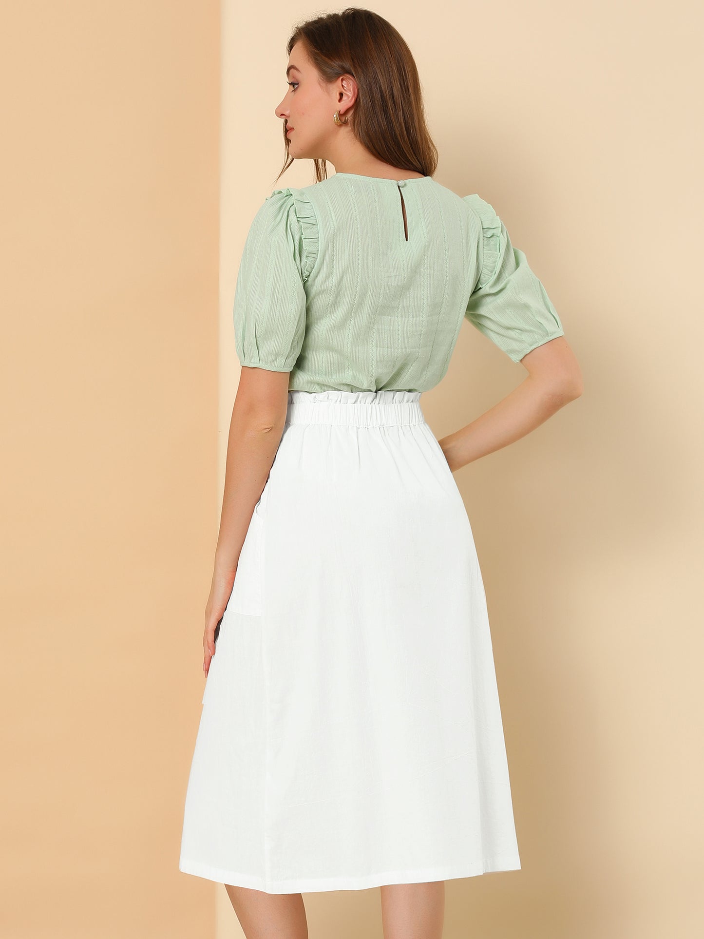 Women's Casual Cotton Skirt Elastic Waist Scrub Peasant A-Line Midi Skirts with Pockets (Available in Plus Size)